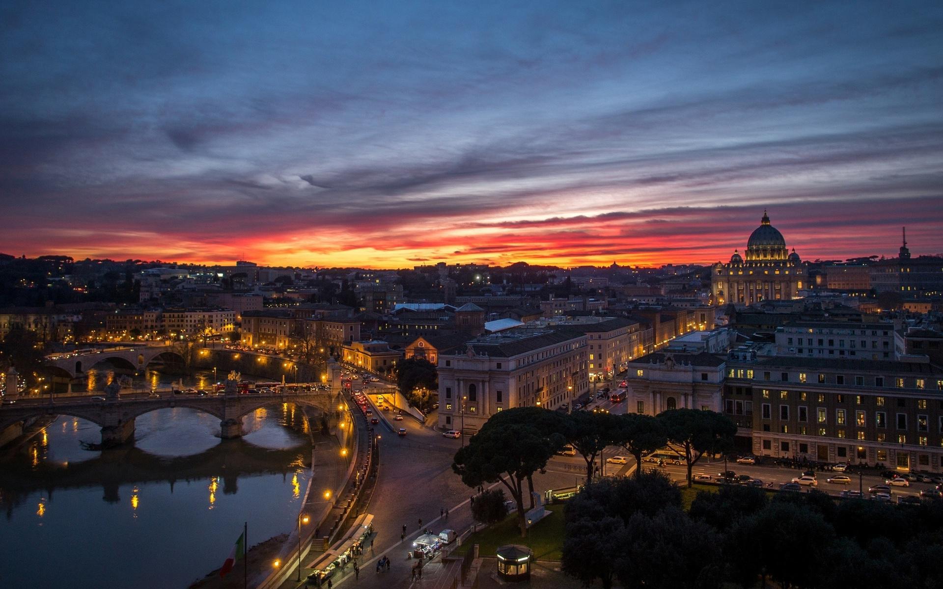 Rome Vatican City Night Sunset Panorama Houses Buildings Reflection ...