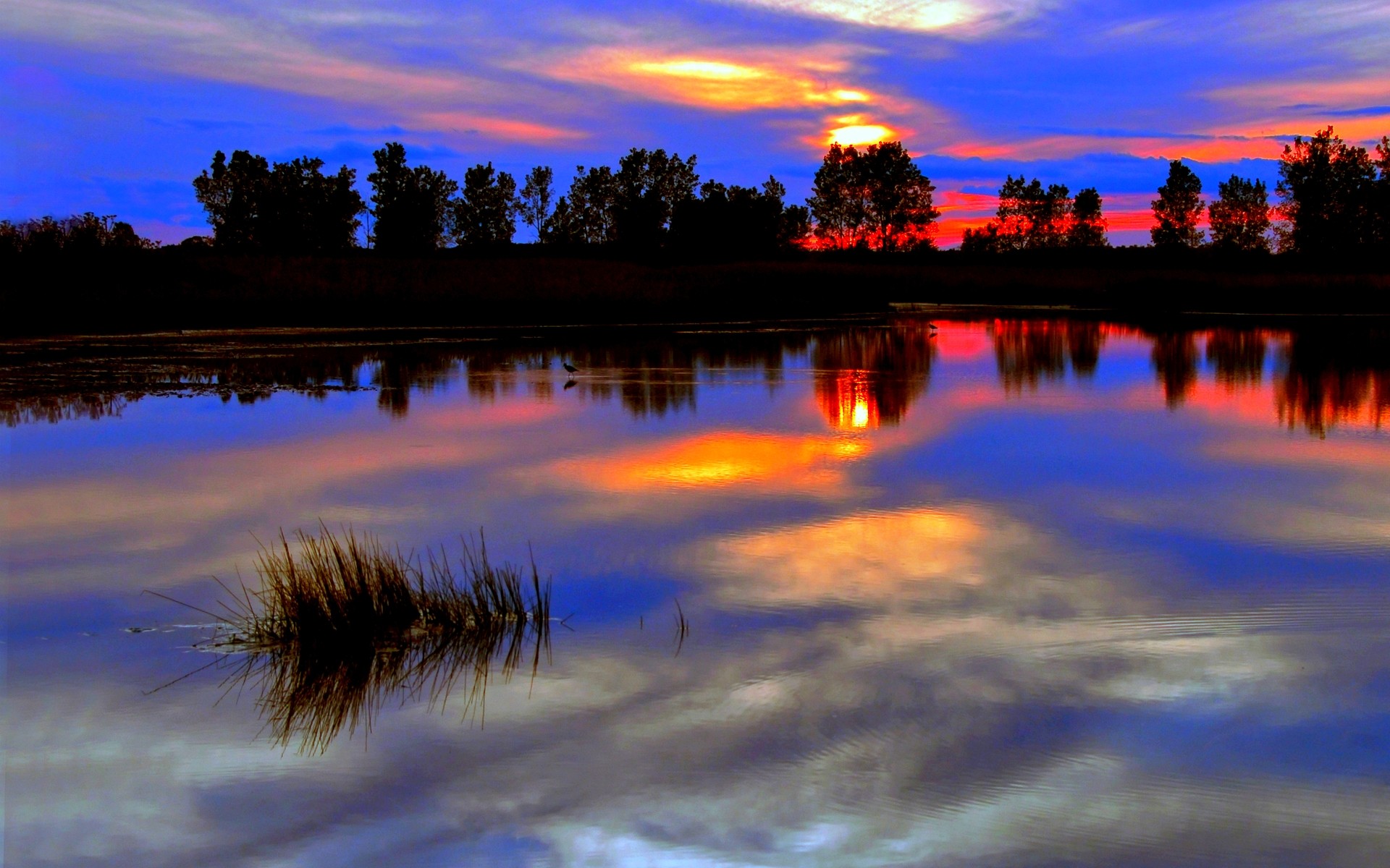Sunsets: Red River Scene Clouds Quiet Blue Trees Reflection Twilight ...