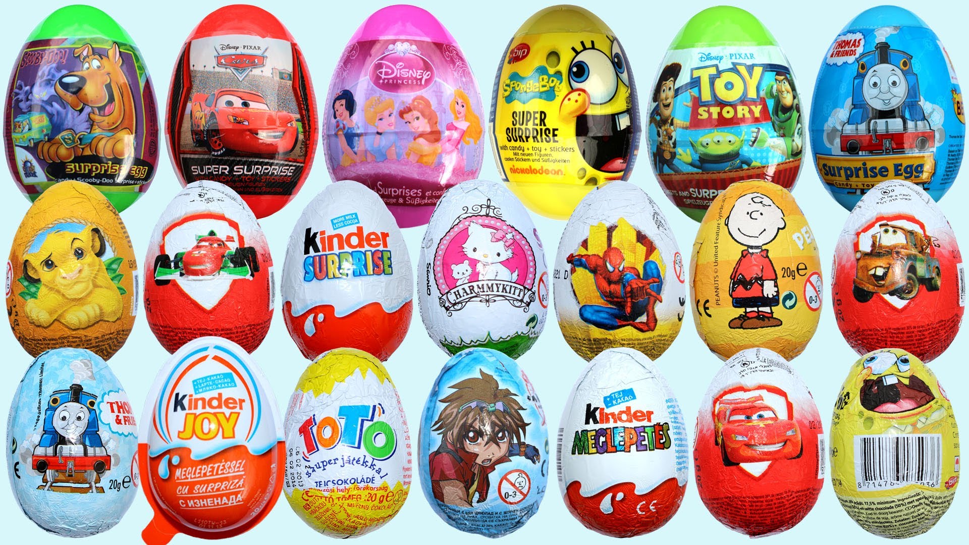 20 Surprise Eggs, Kinder Surprise Cars 2 Thomas Spongebob Disney ...