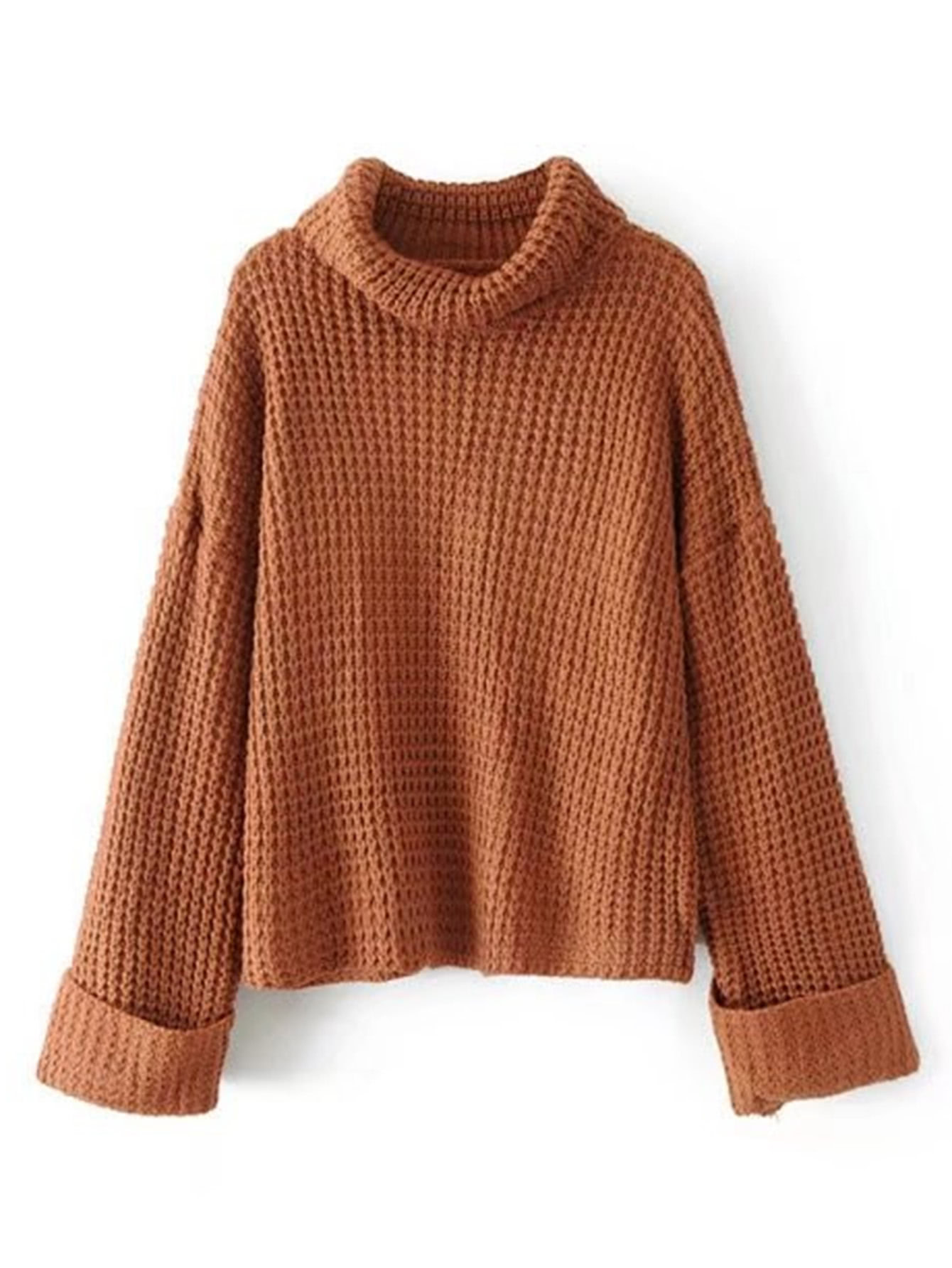 Turtleneck Waffle Knit Sweater -SheIn(Sheinside)