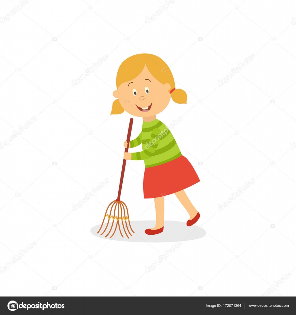 Funny little girl sweeping floor with big broom — Stock Vector ...