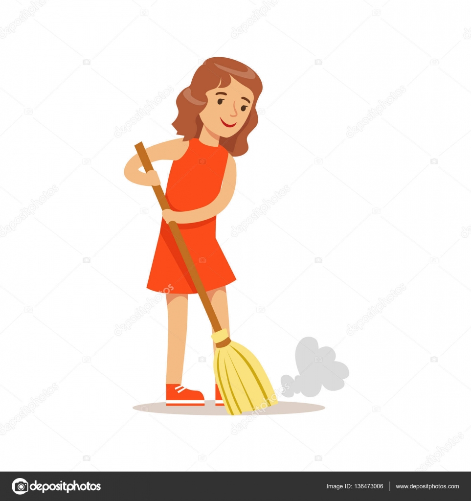 Girl Sweeping The Floor With The Broom Smiling Cartoon Kid Character ...