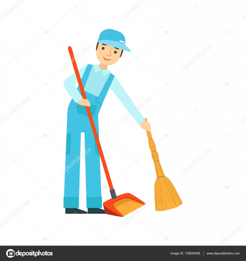 Man With Broom And Duster Sweeping The Floor, Cleaning Service ...