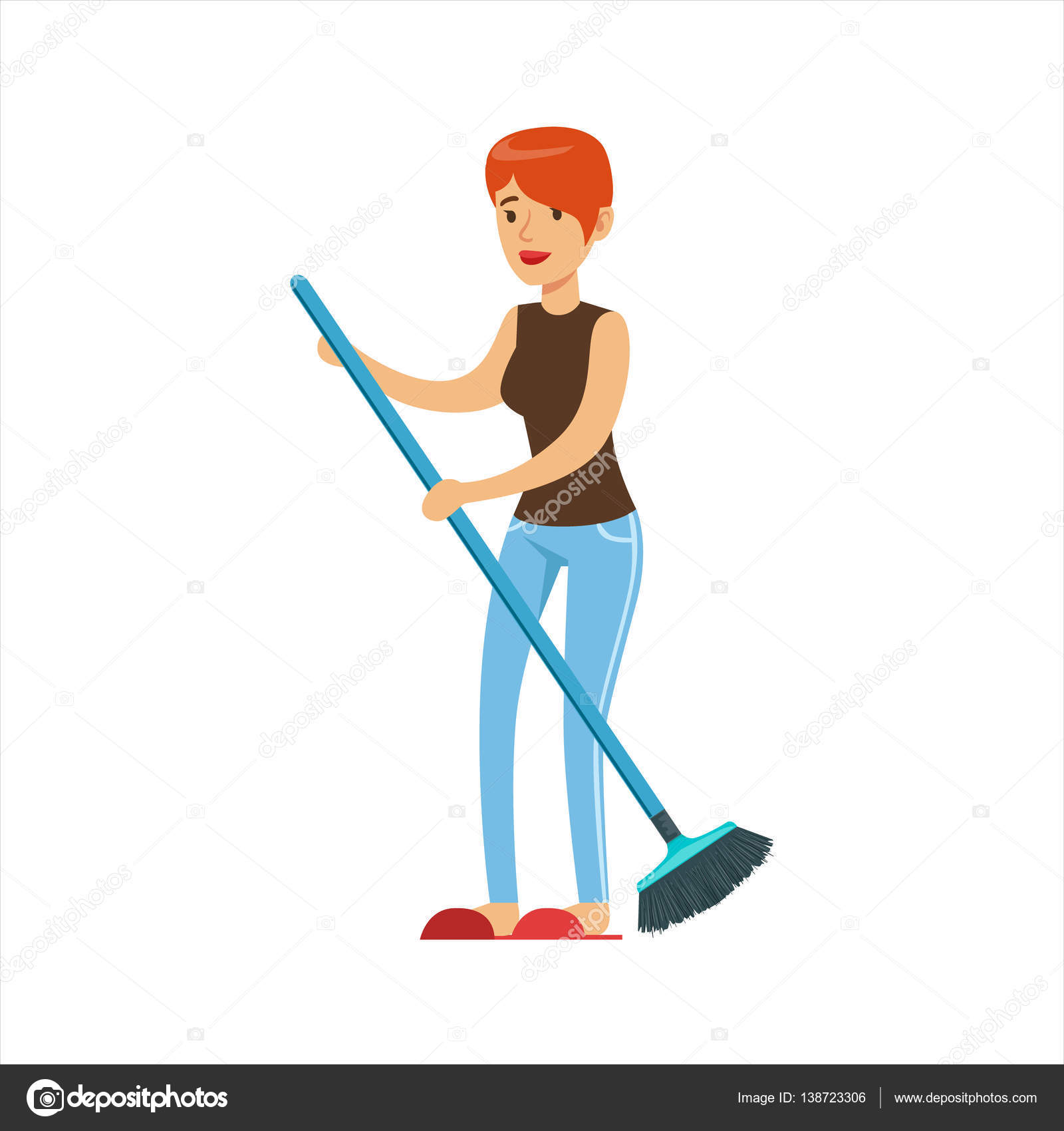 Woman Housewife Sweeping Floor With Broom, Classic Household Duty Of ...