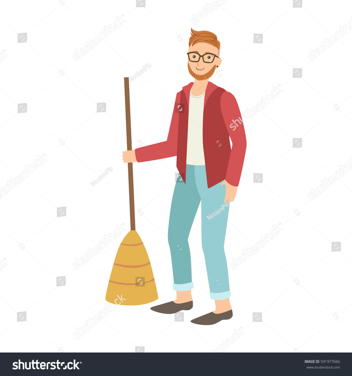 Royalty-free Man With Broom Sweeping The Floor,… #591977666 Stock ...