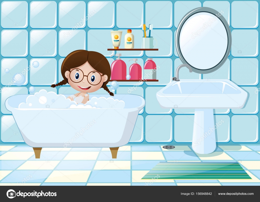 Little girl taking bath in bathroom — Stock Vector © brgfx #156948842