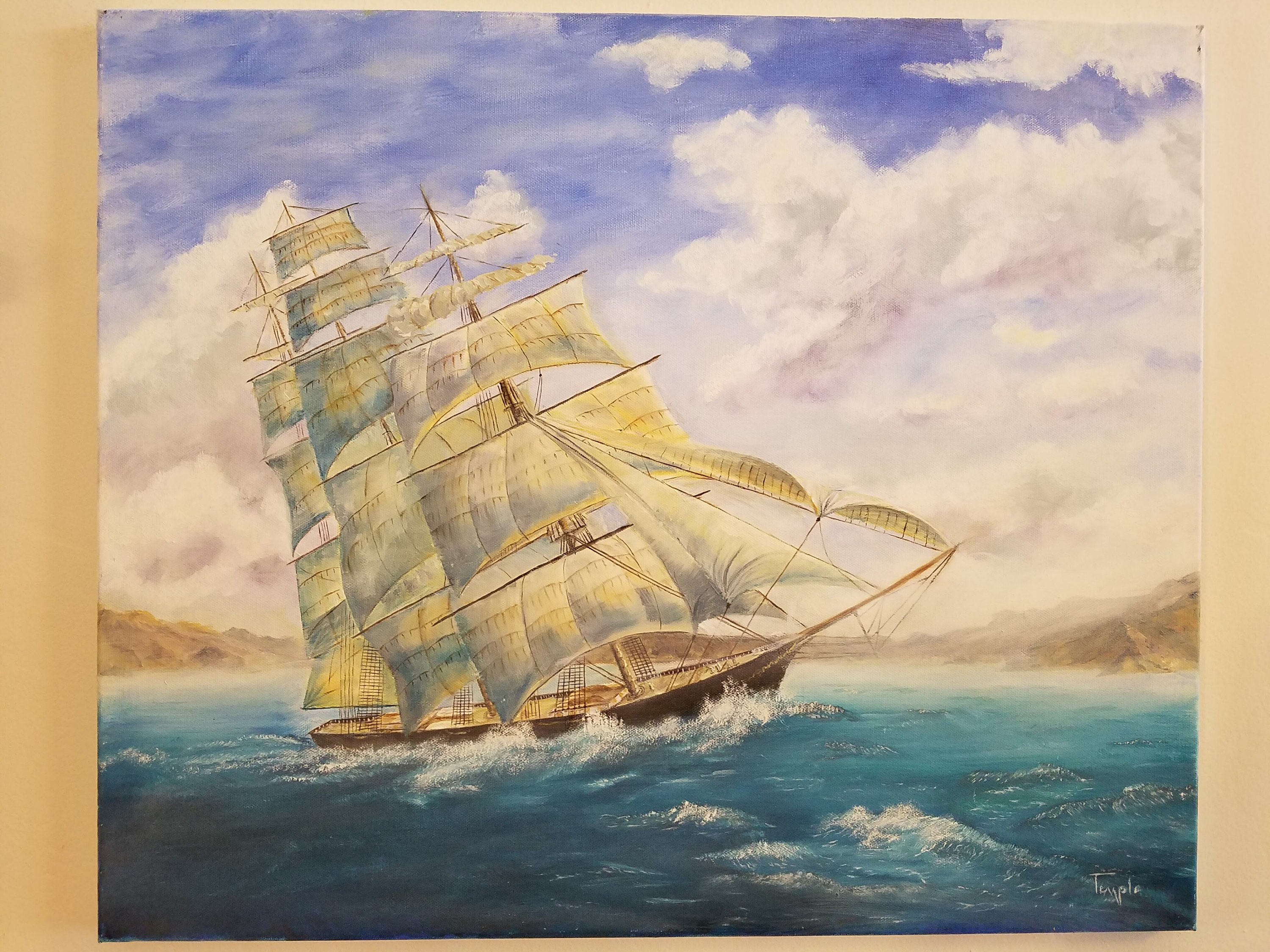 20 x 24 Clipper ship oil painting Caribbean sailboat