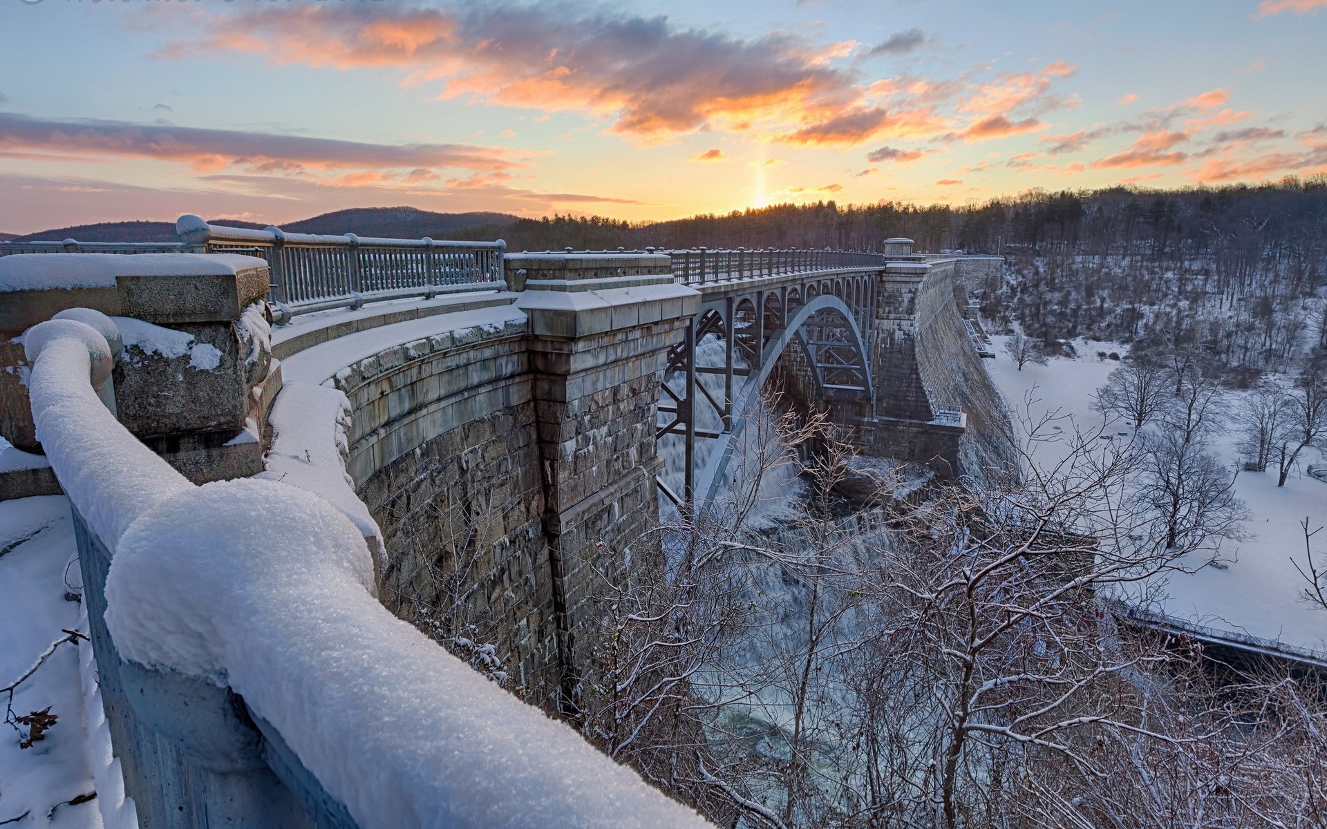 Bridges: Tall Steel Bridge Waterfall Winter Man Sunset Bridhe HD ...