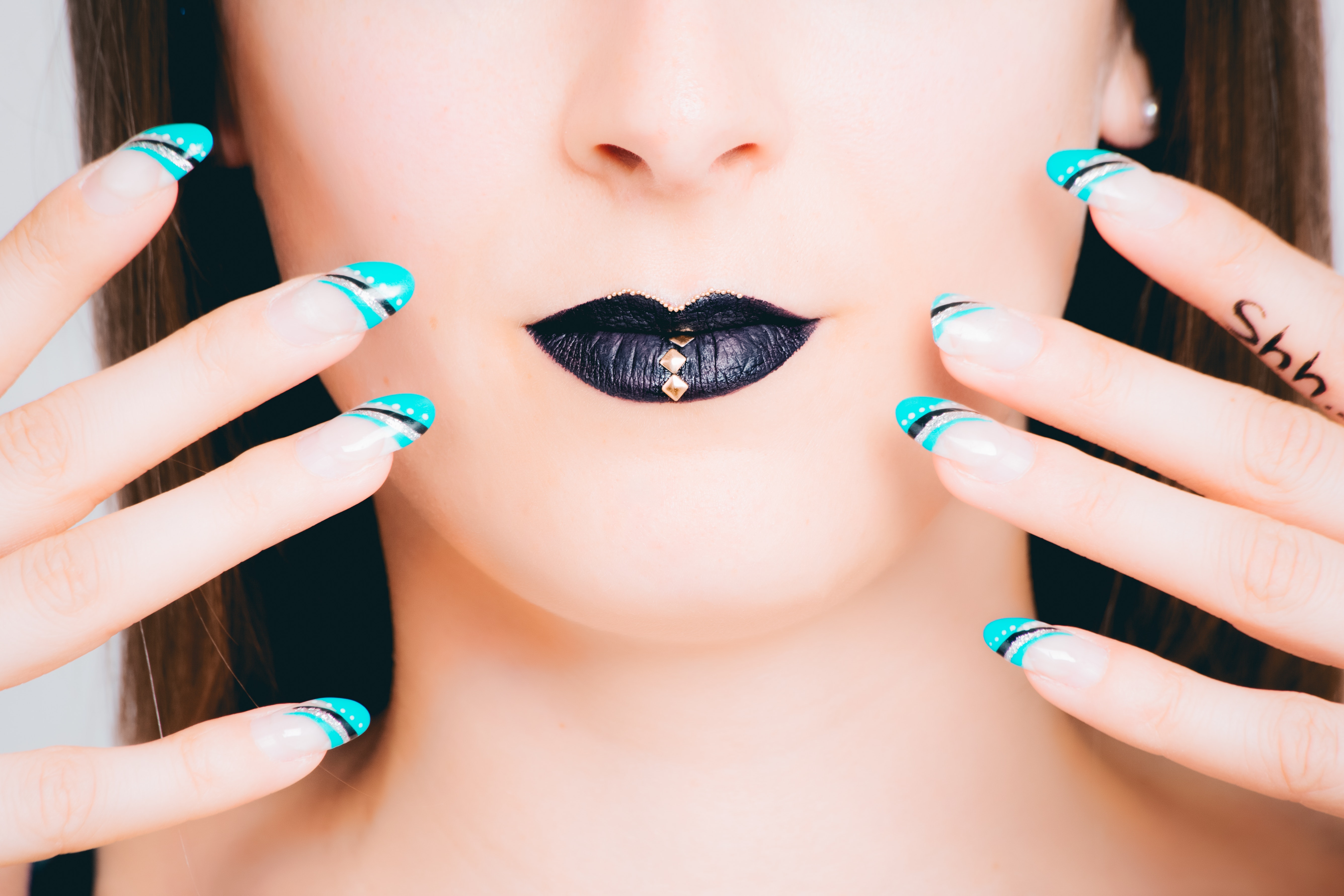 Teal, Black, and White Nail Art, Mouth, Young, Woman, Style, HQ Photo