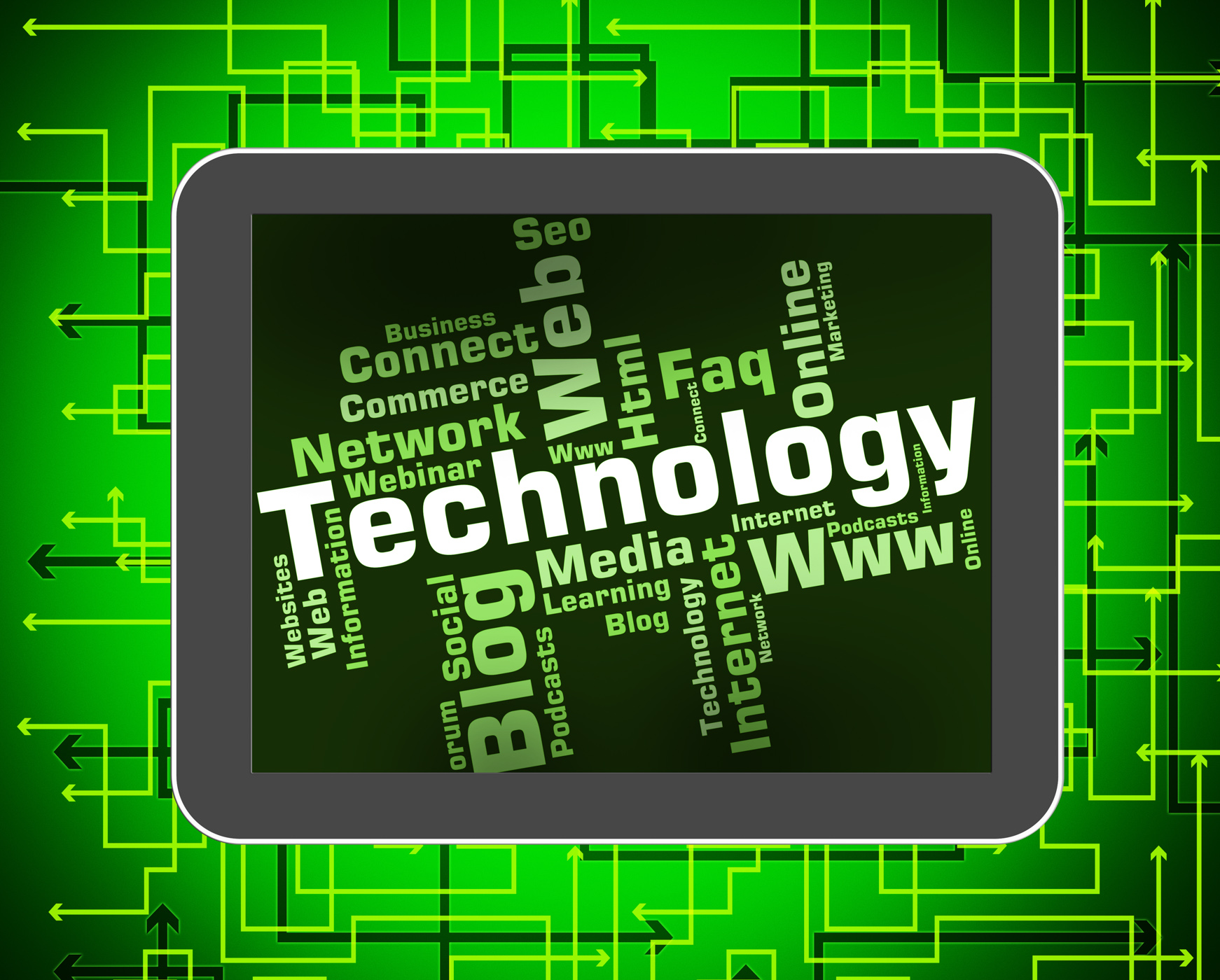 Technology word shows digital technologies and high-tech photo