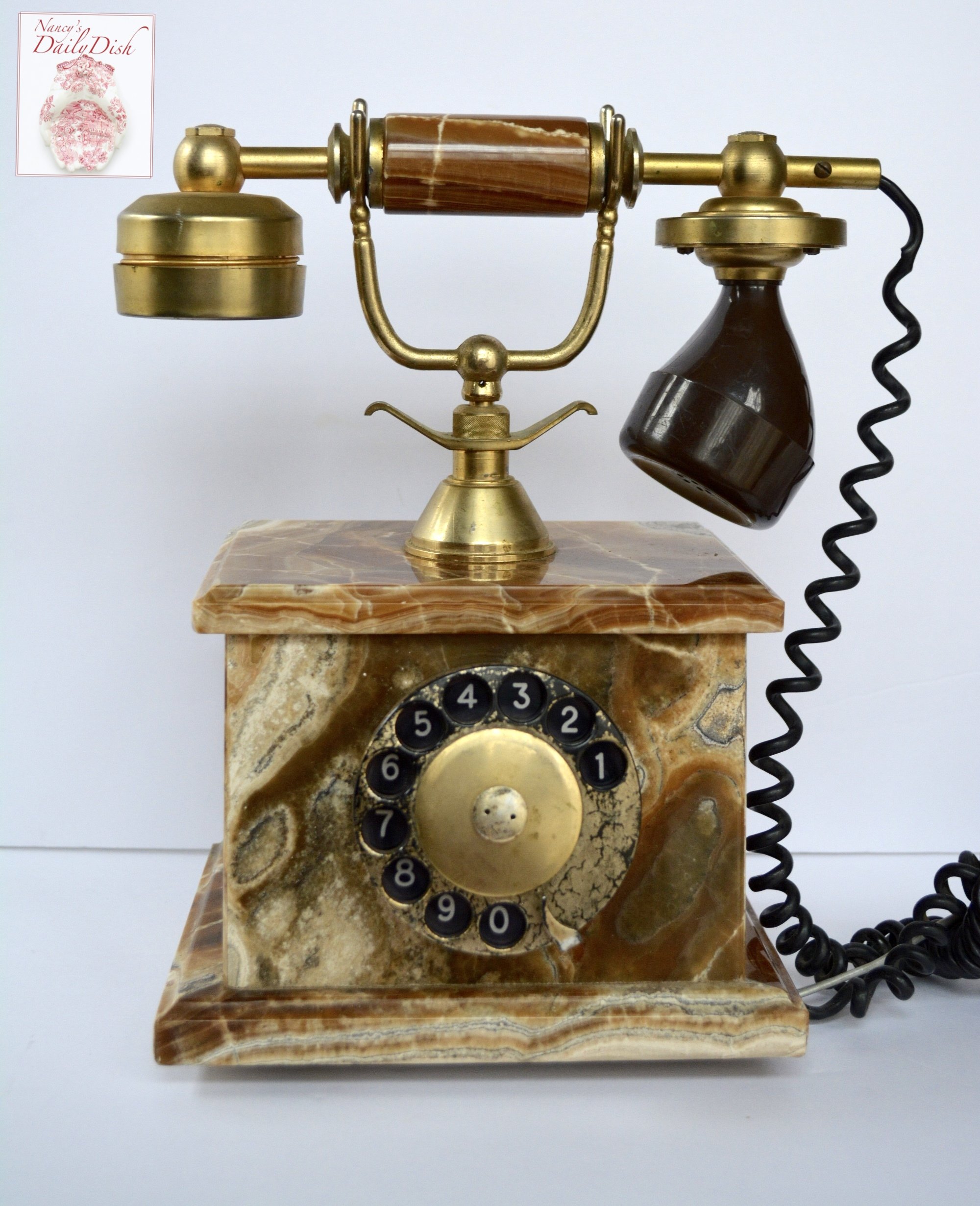BEAUTIFUL Vintage Solid Italian Marble Rotary Telephone Gold Plated
