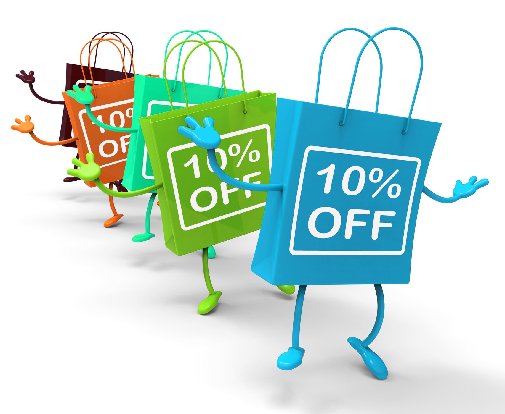 Ten percent off on colored shopping bags show bargains photo