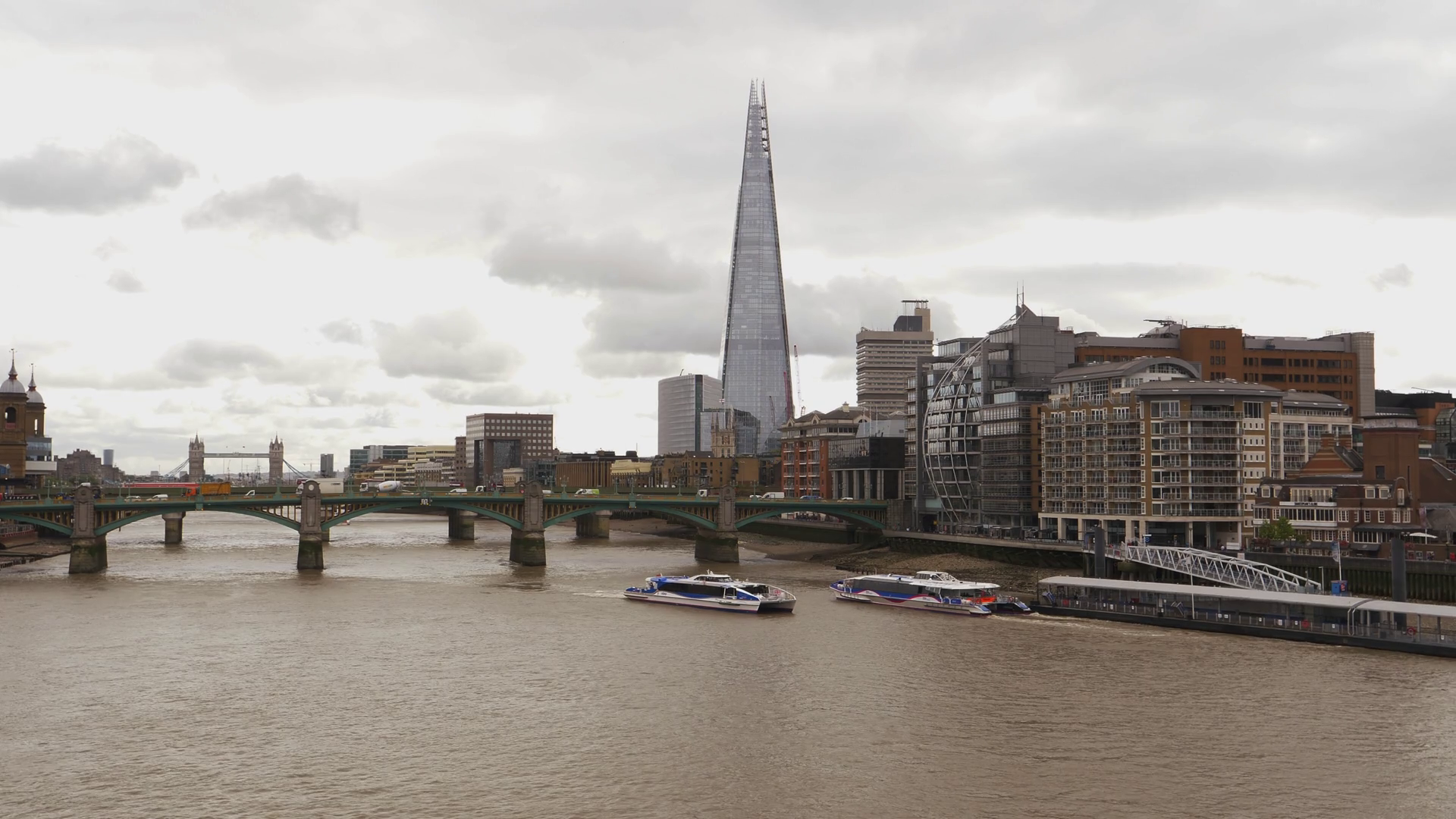 Thames view with Shard, London Bridge and Tower Bridge on the ...