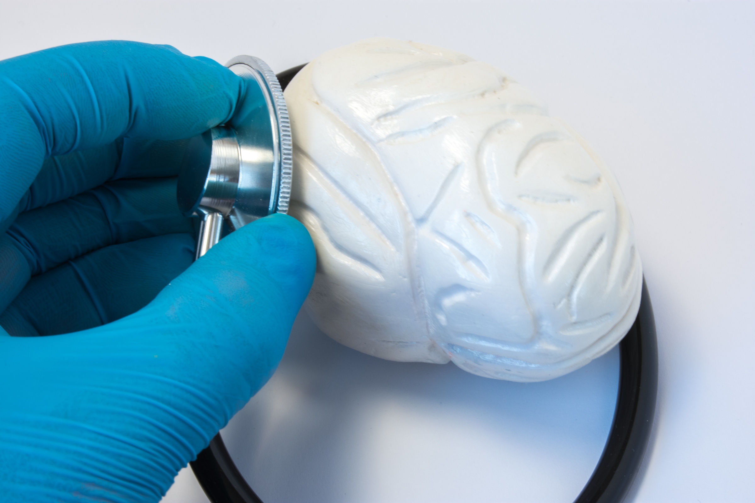 The doctor examines the human brain with a stethoscope photo