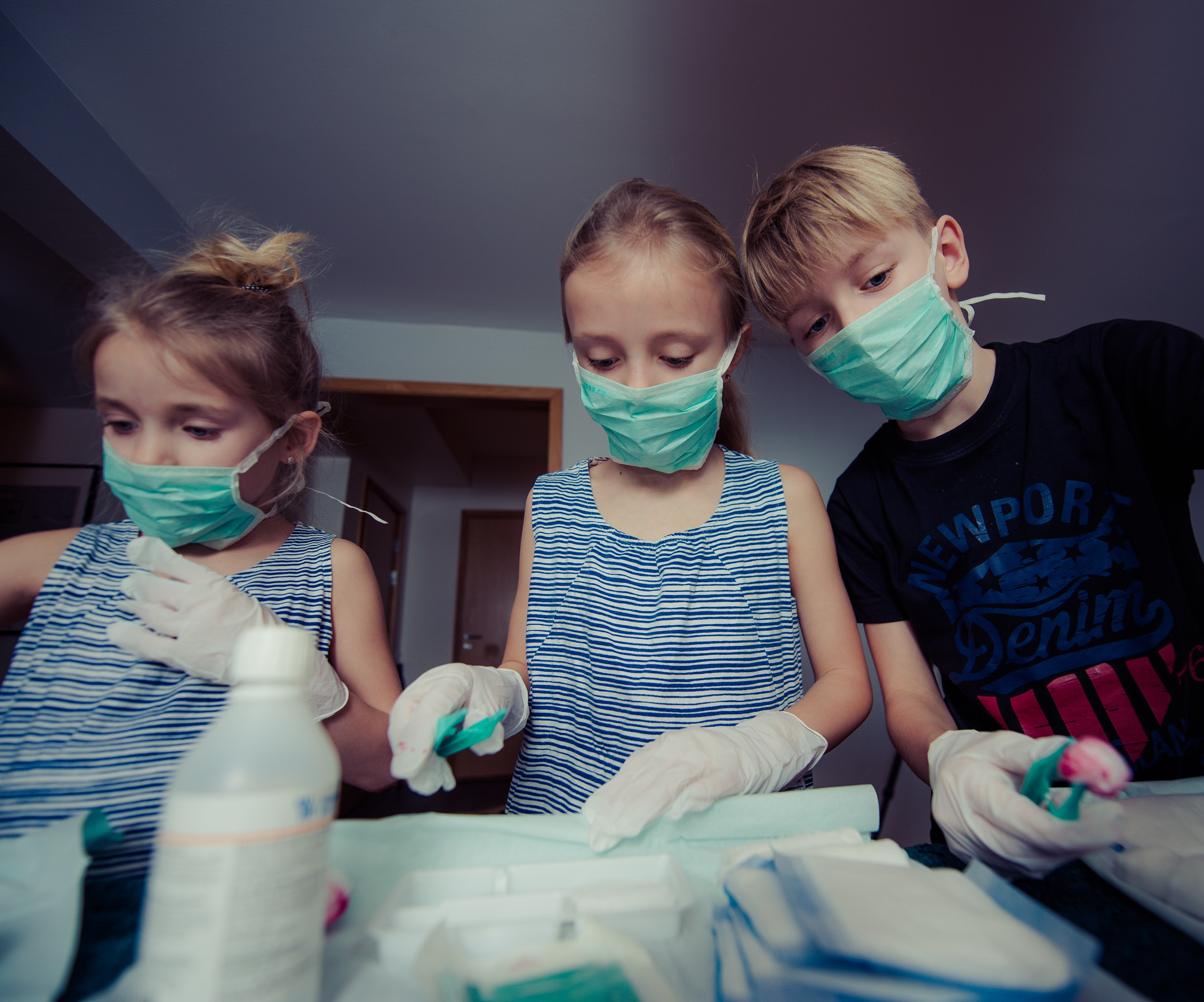 Three Children Wearing Face Masks, Kids, Young, Togetherness, Surgeon, HQ Photo