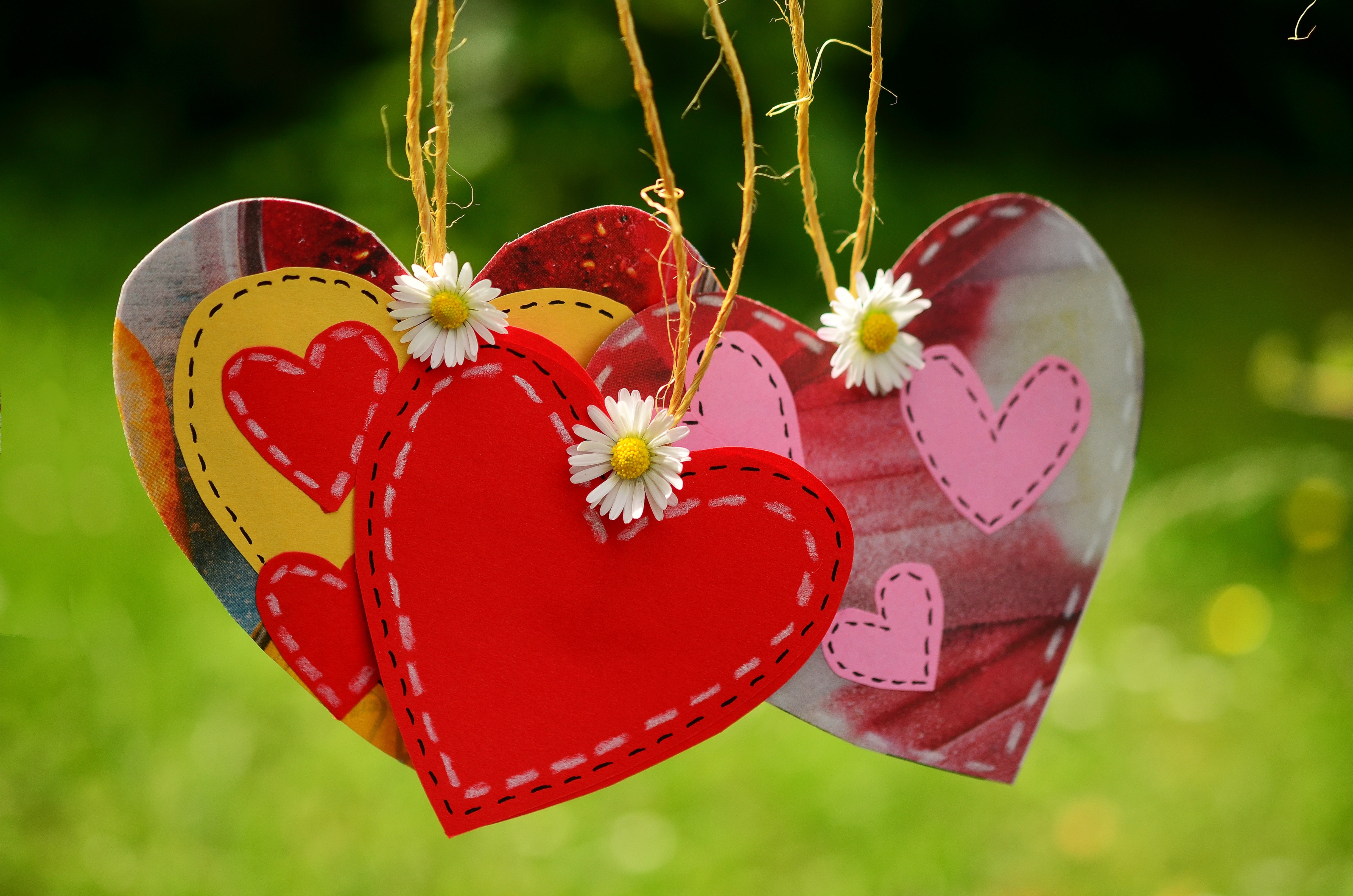 Three red hearts hanging with white flowers photo