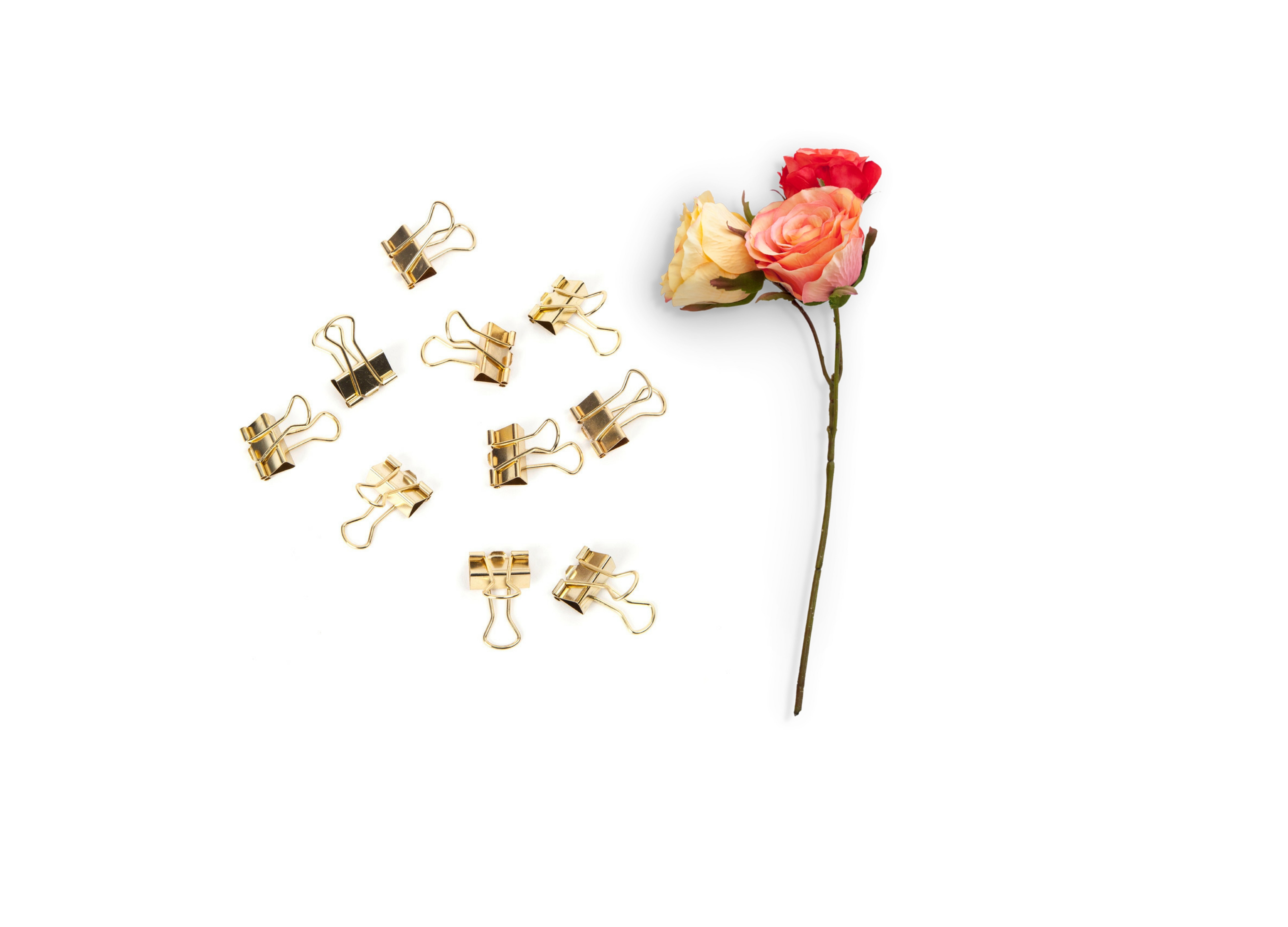 Three red, yellow, and pink roses and brass-colored clips photo
