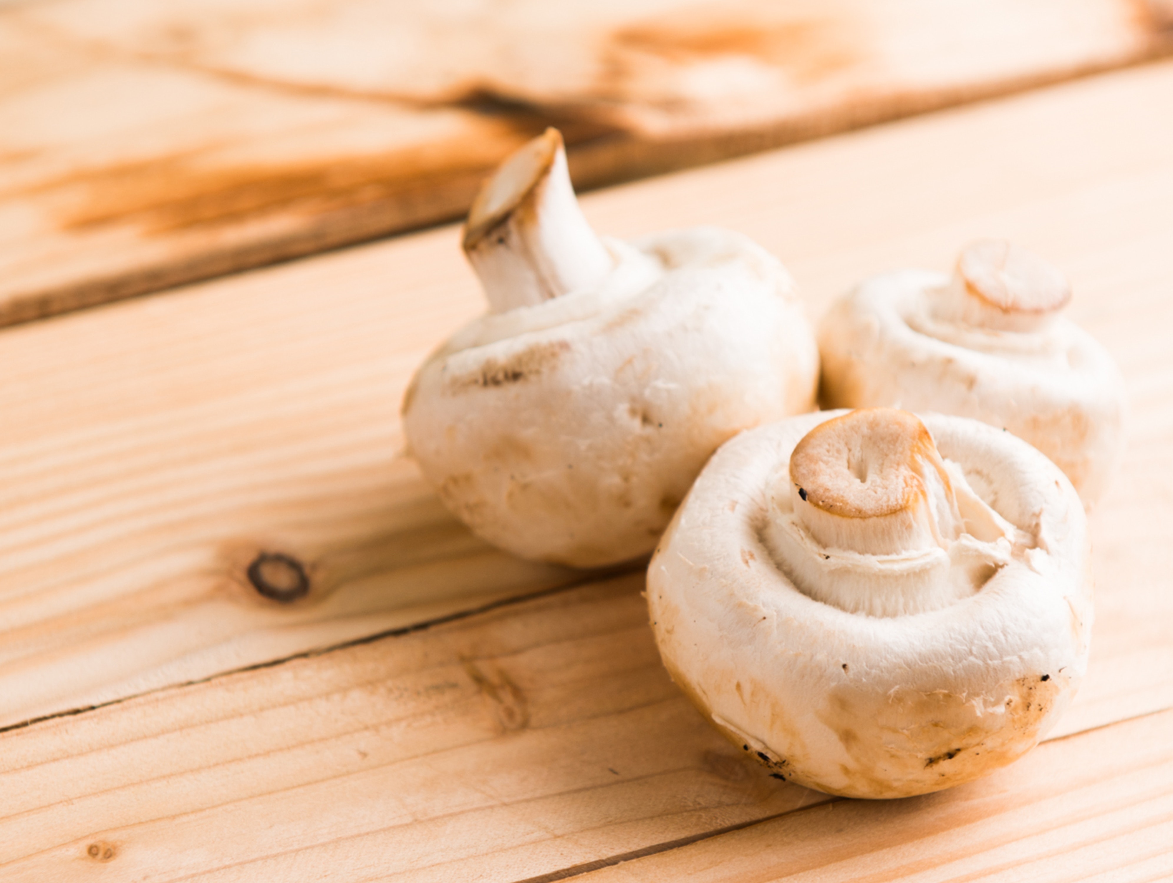 Three White Mushrooms on Beige Wooden Table, Board, Close -up, Colors, Fresh, HQ Photo