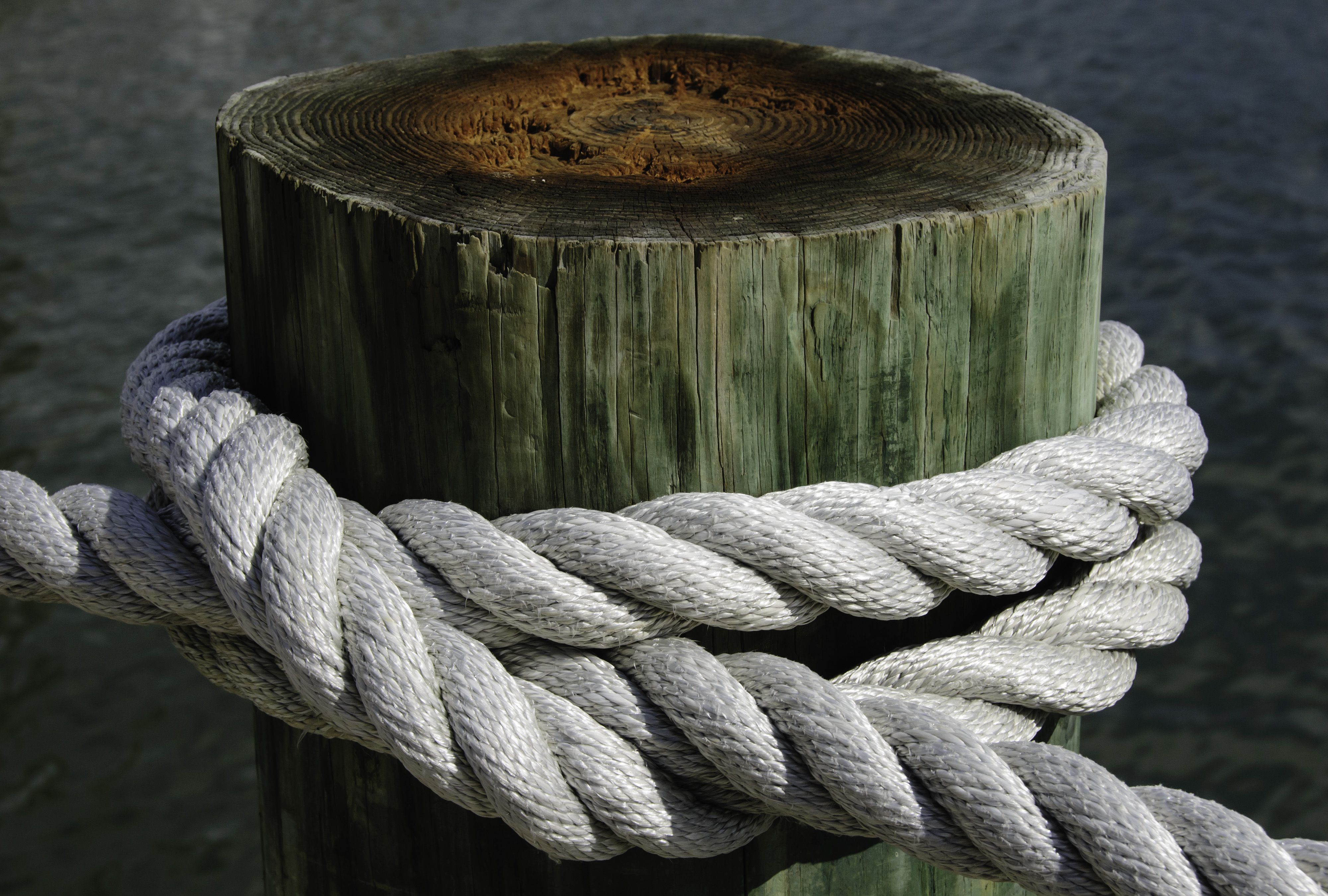 Twists of white nautical rope tied to a wooden post set against ...