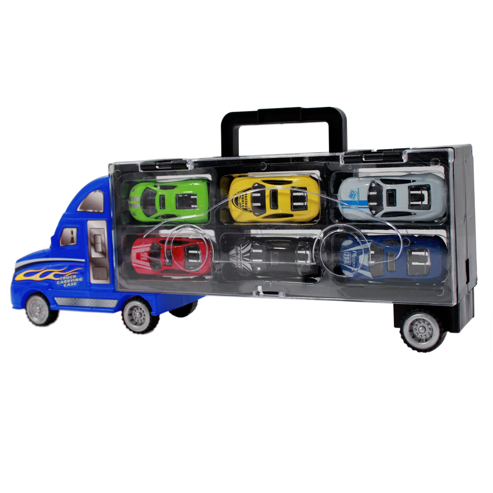 Toy Truck Auto Hauler with 6 Colored Diecast Race Cars