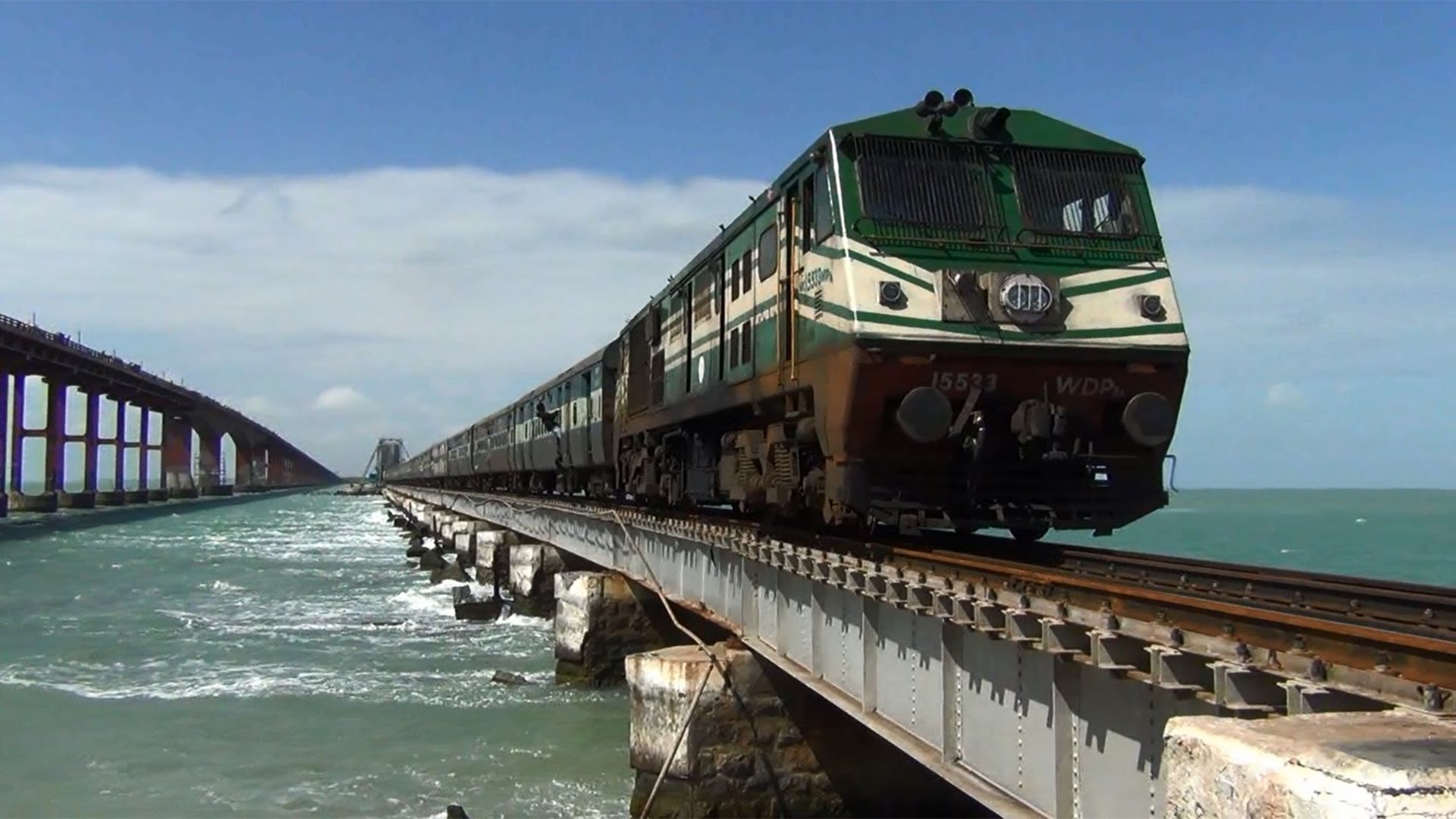 Train over waters of Palk Strait at Pamban Bridge, India - YouTube