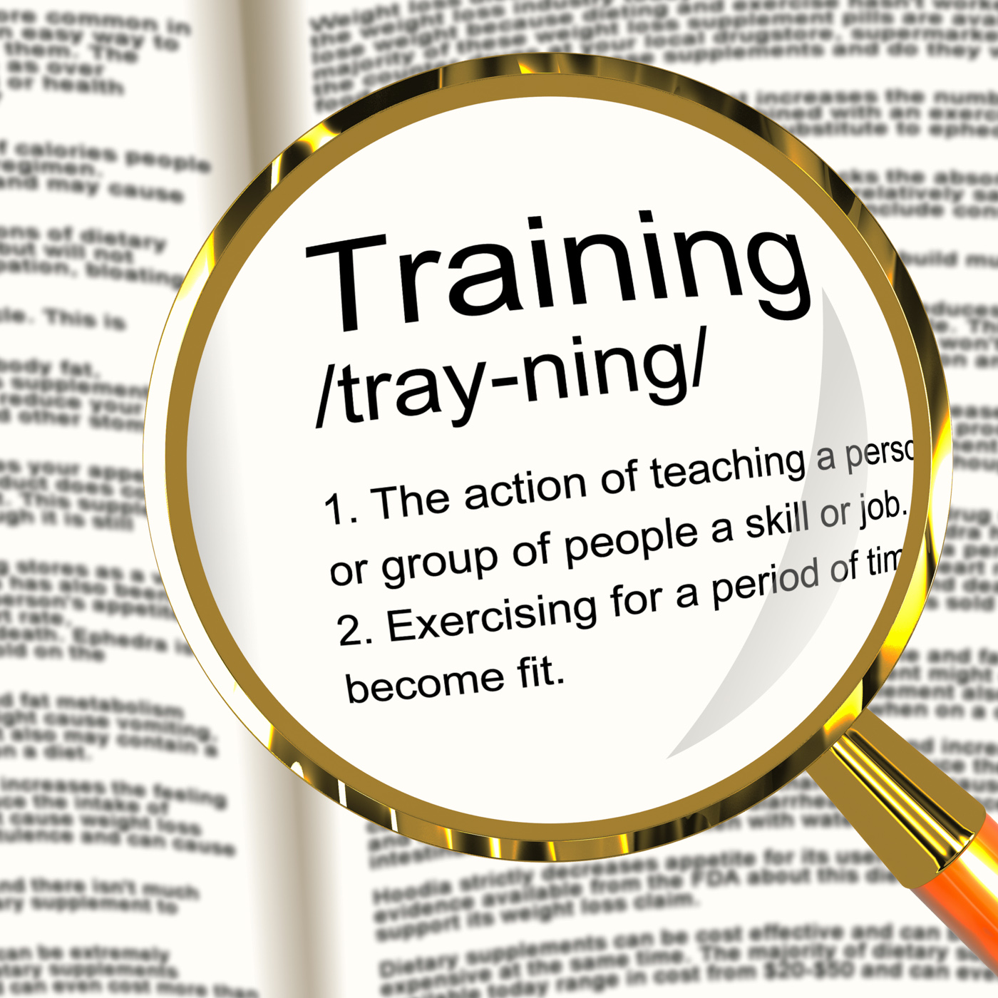 Training definition magnifier showing education instruction or coachin photo