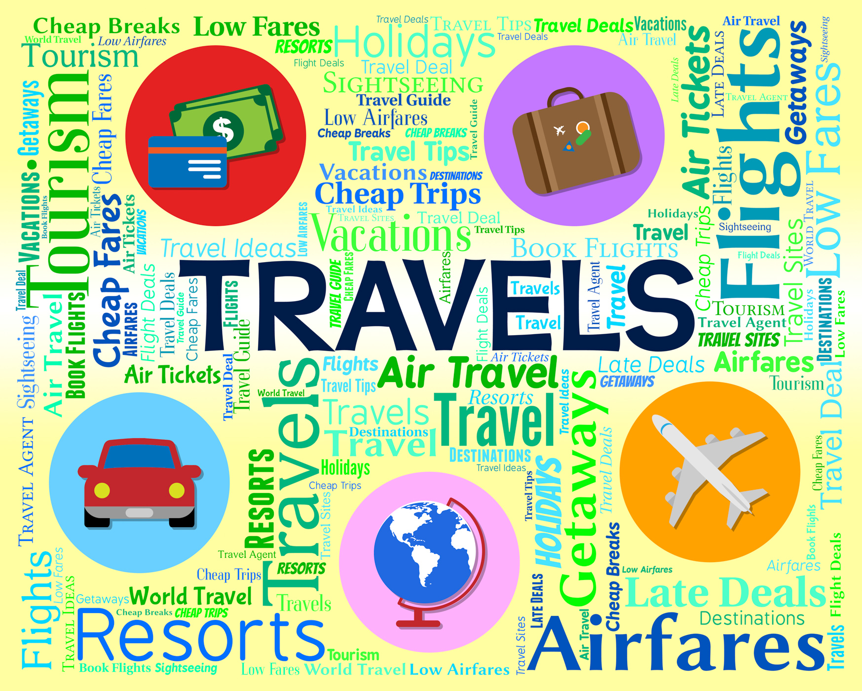 Travels word shows vacationing journeys and touring photo