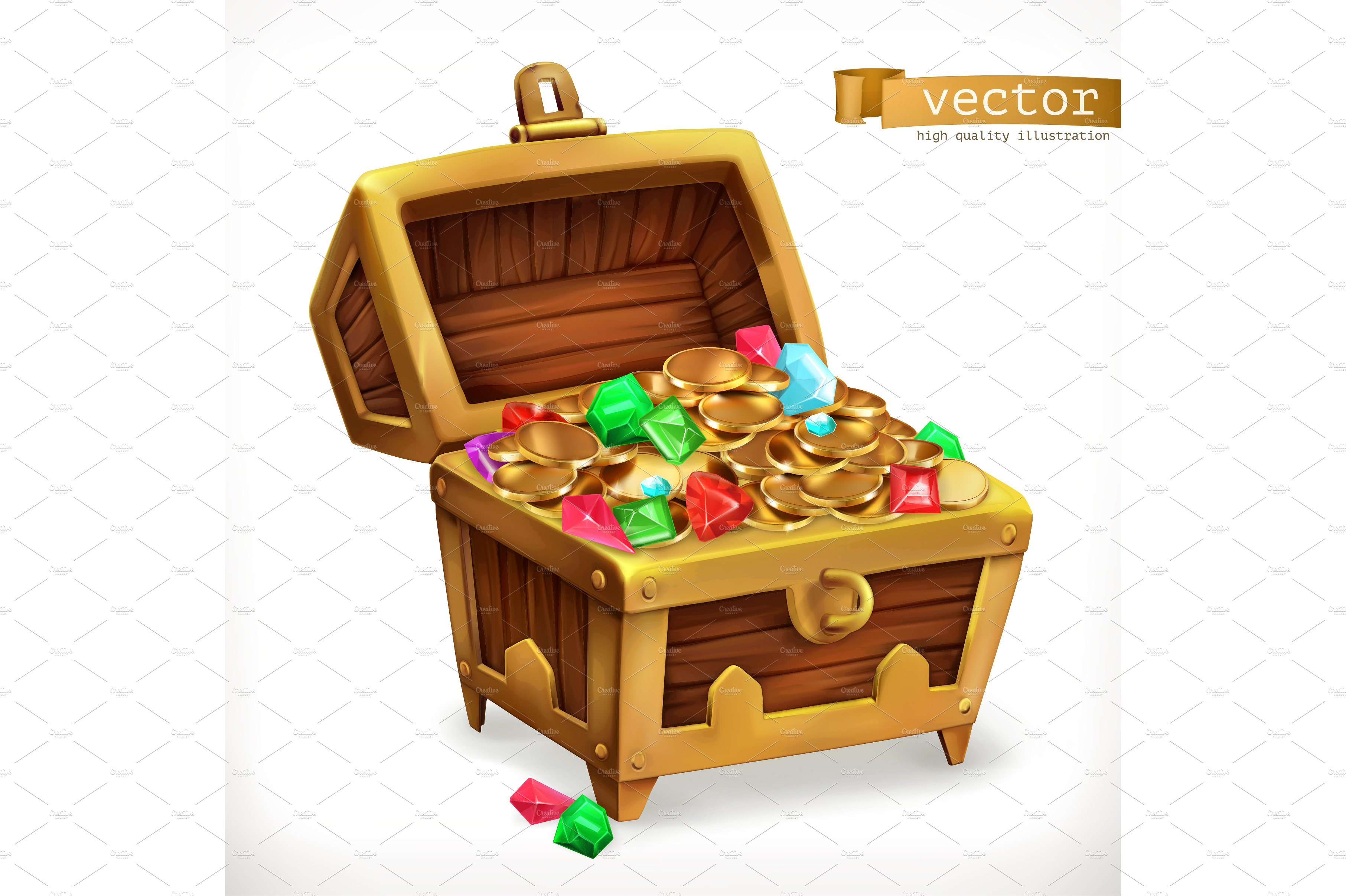 Treasure chest. Gems, coins. Vector ~ Illustrations ~ Creative Market