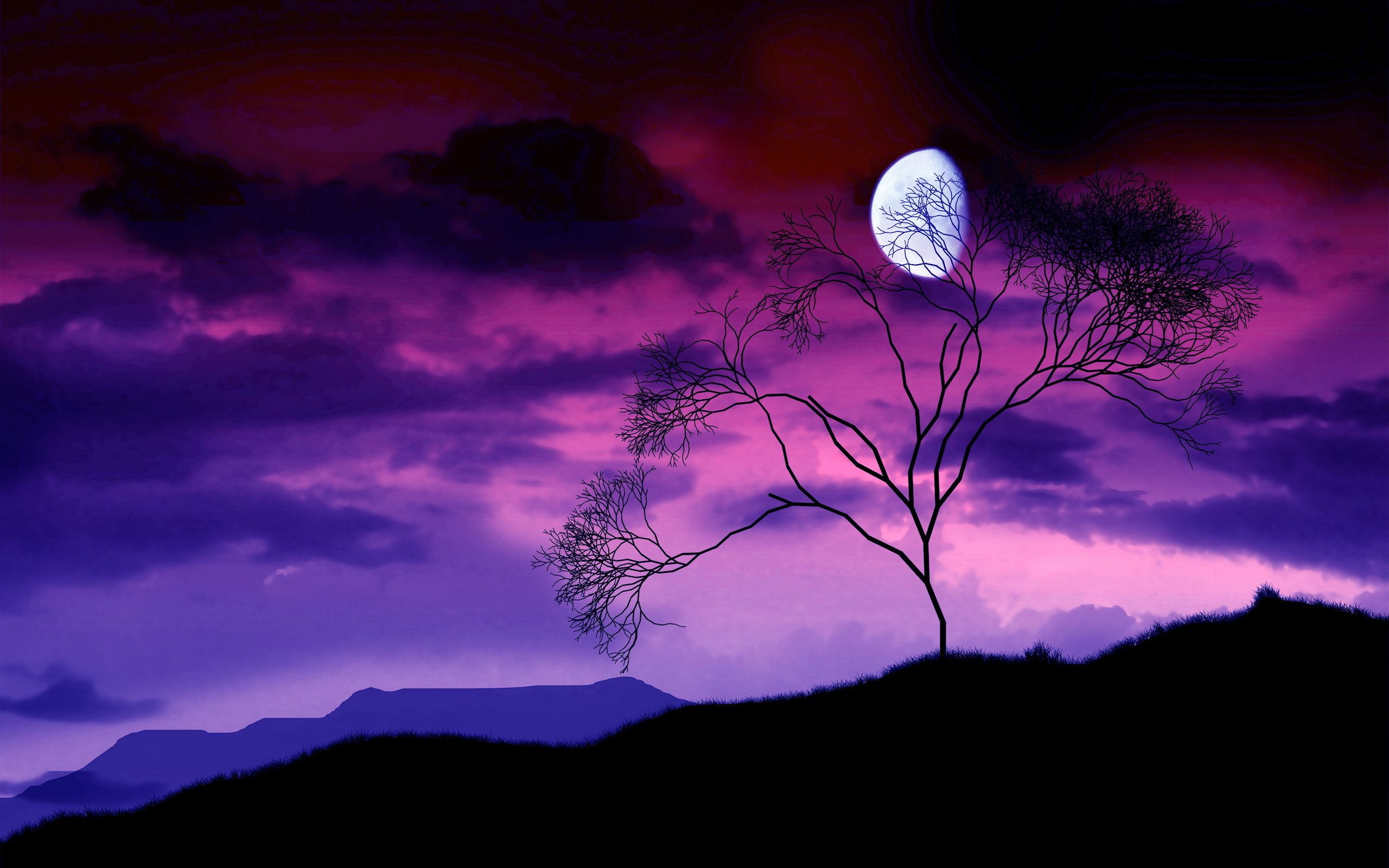 Artistic night scene of a gibbous moon in a sky with purple and pink ...