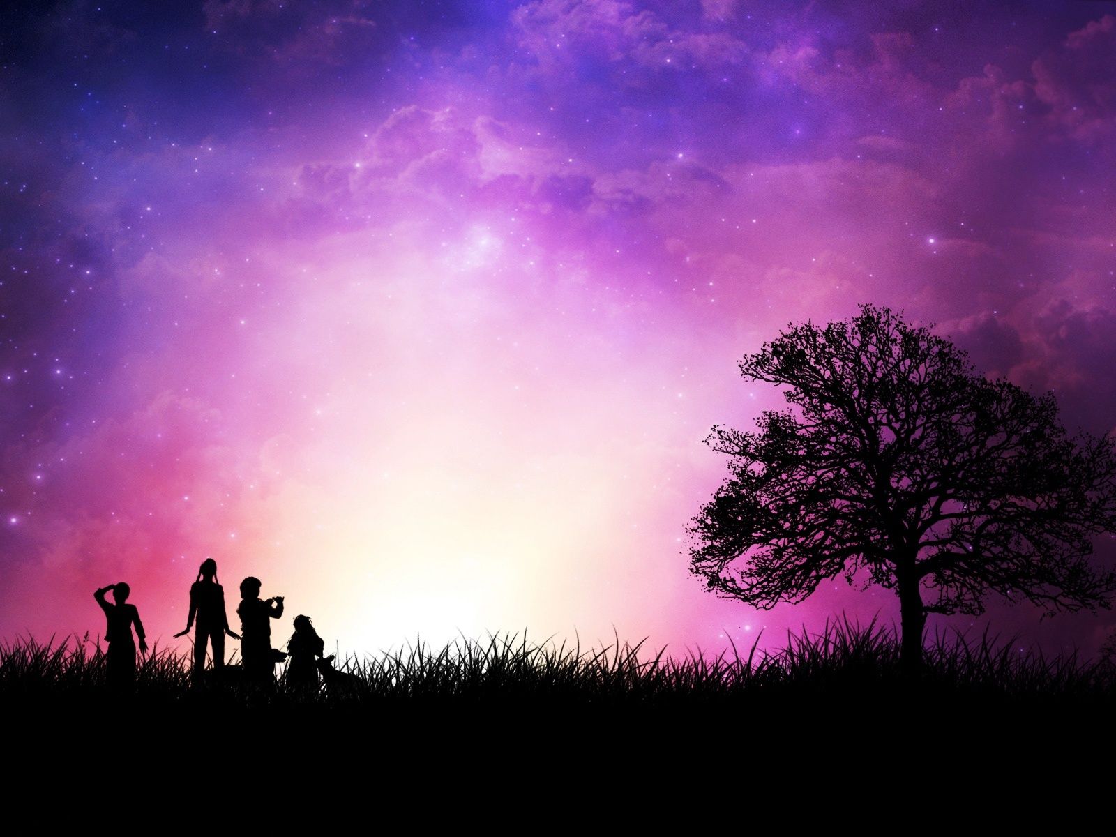 Kids and tree in silhouette with purple sky | Simply Silhouettes ...