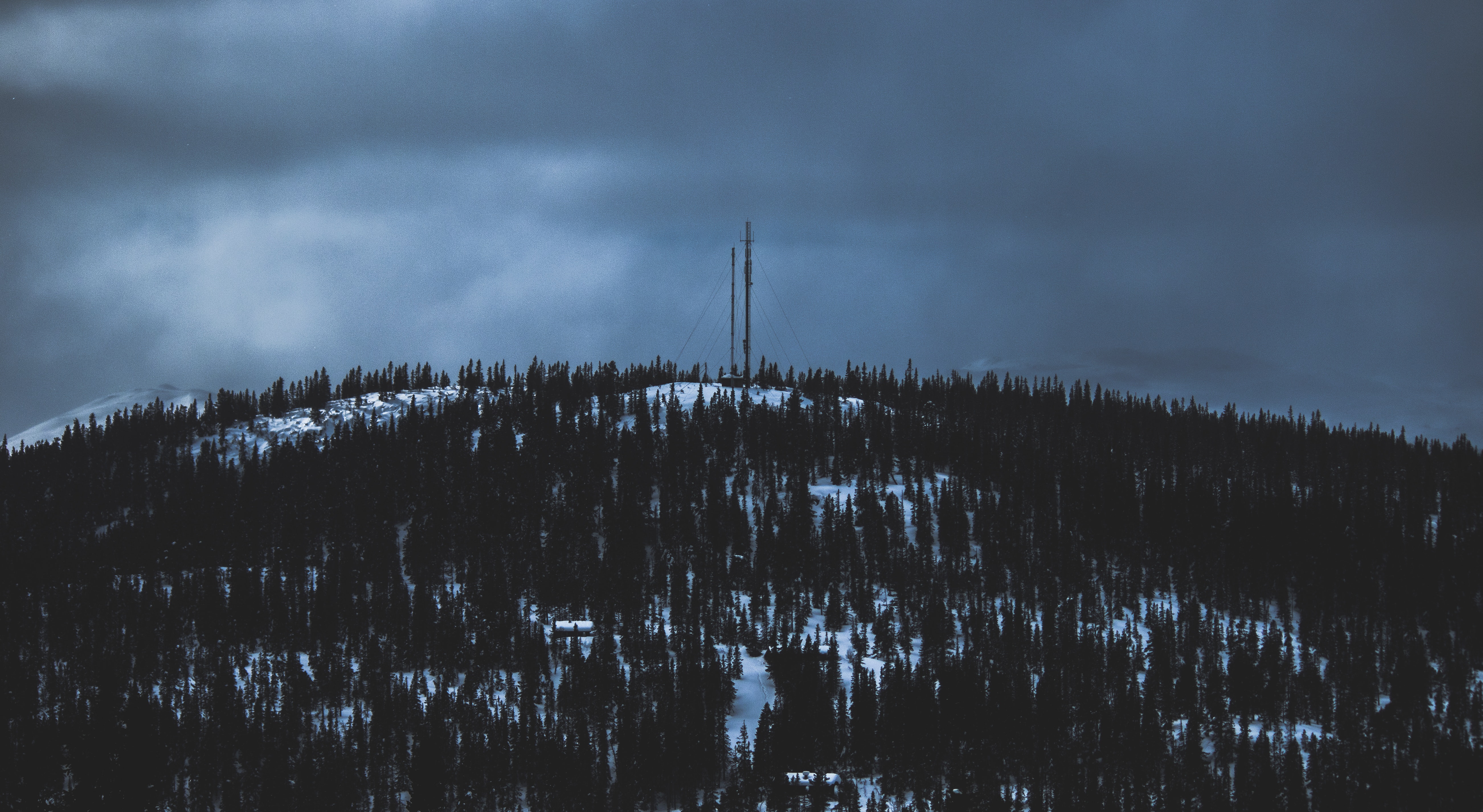 Trees during Night Time, Clouds, Radio tower, Winter, Weather, HQ Photo