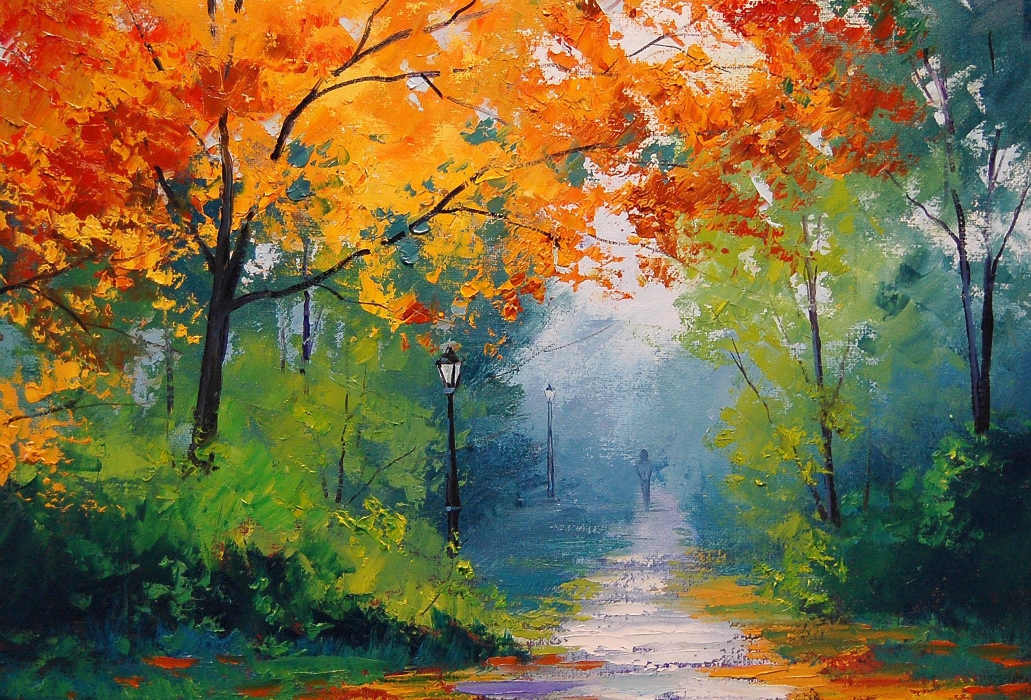 Wallpapers :: paintings, trees, autumn, path, paint, people, Bush ...