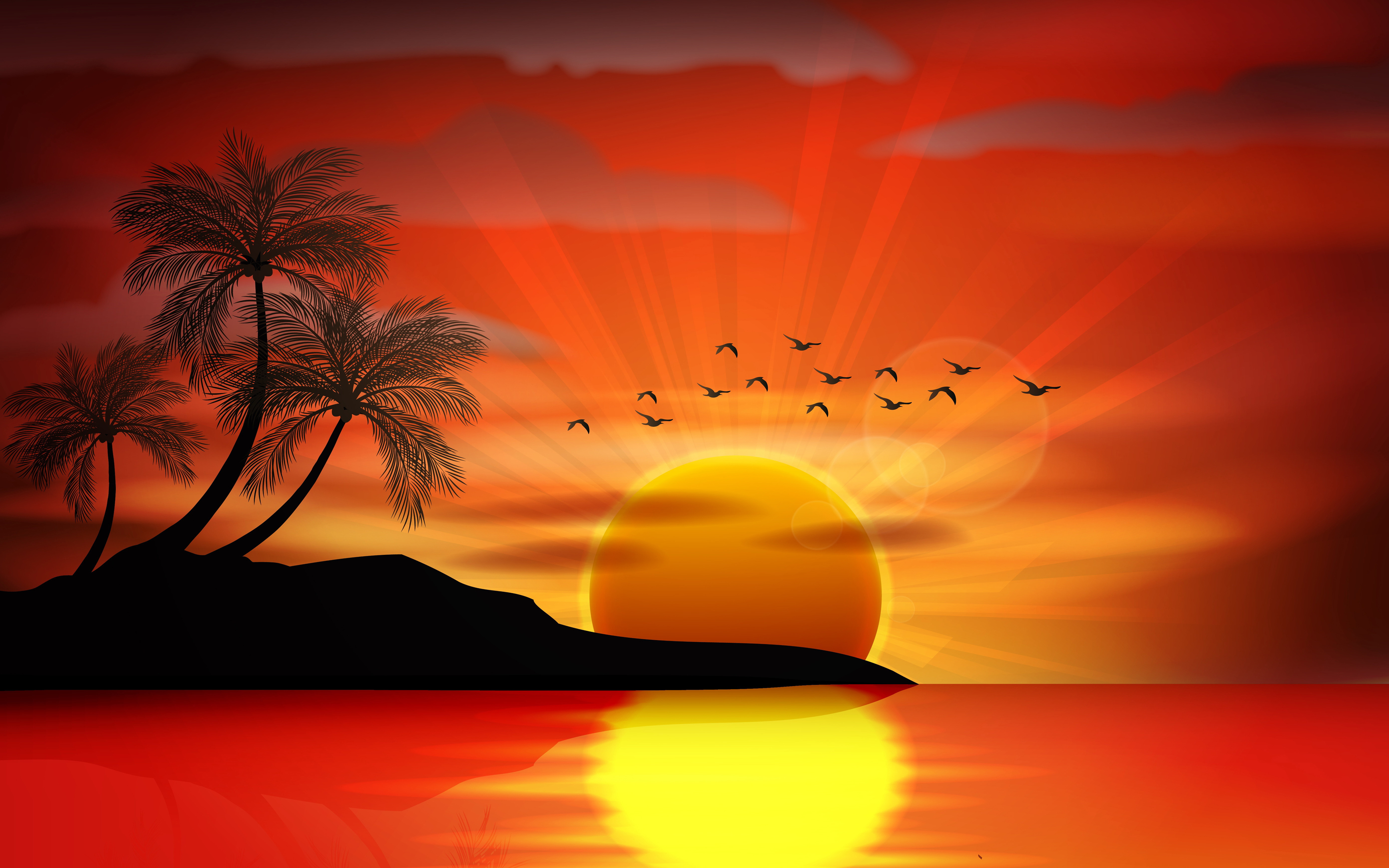 Sunset Sea Paradise Tropical Island Palms Silhouette Birds Sea ...