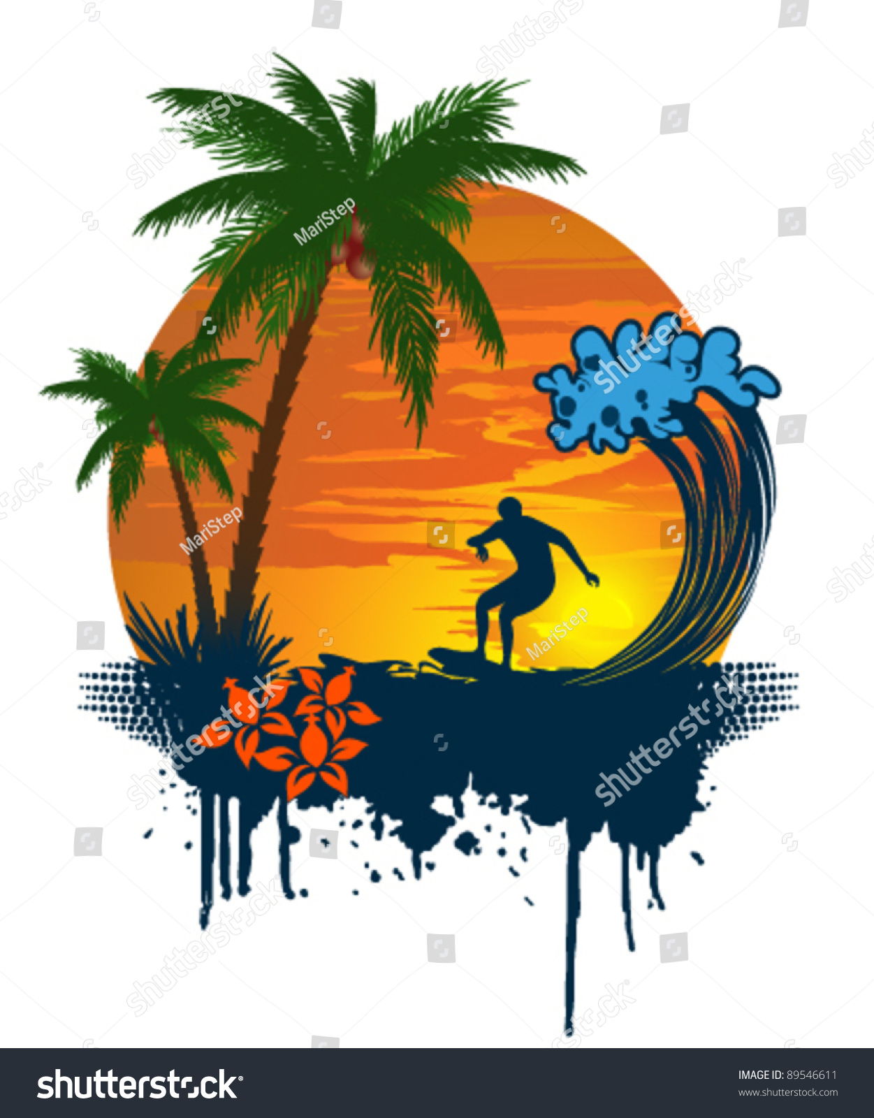 Silhouette Palm Surfer On Tropical Sunset Stock Photo (Photo, Vector ...