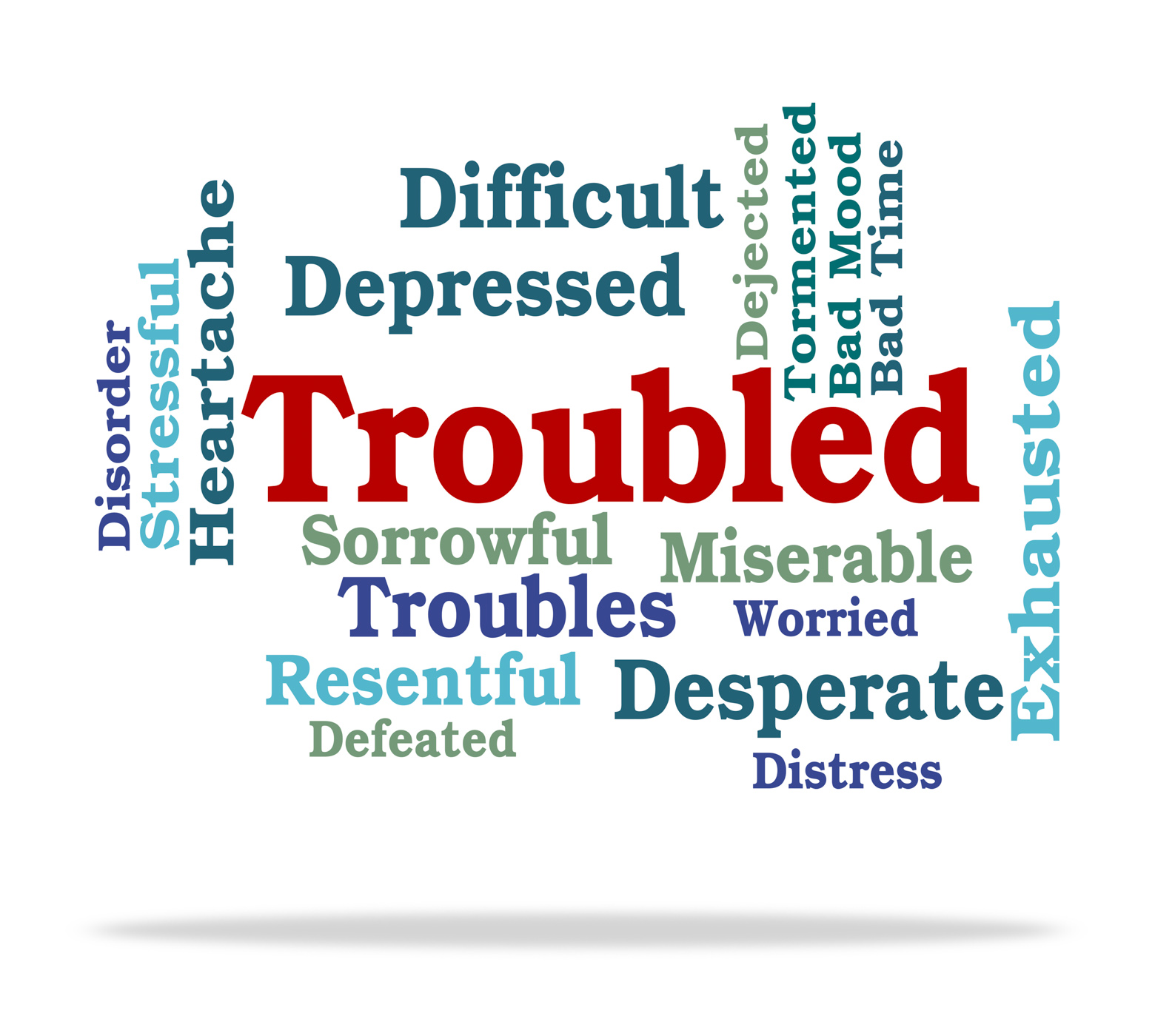 Troubled word represents tough stressful and difficult photo