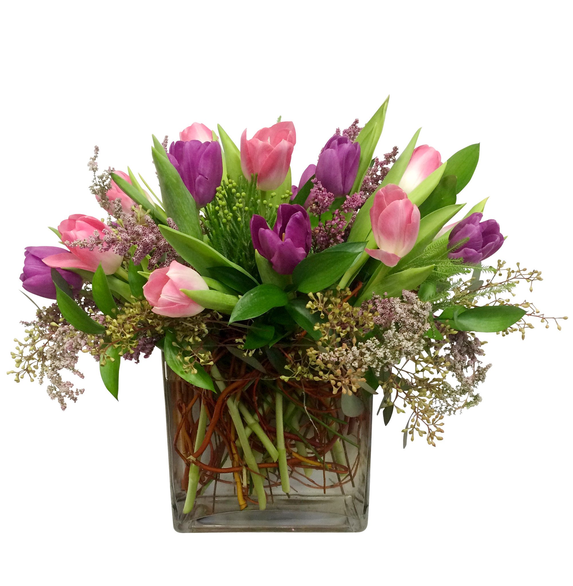 16 Tulips with Seeded Eucalyptus – The Cutting Garden