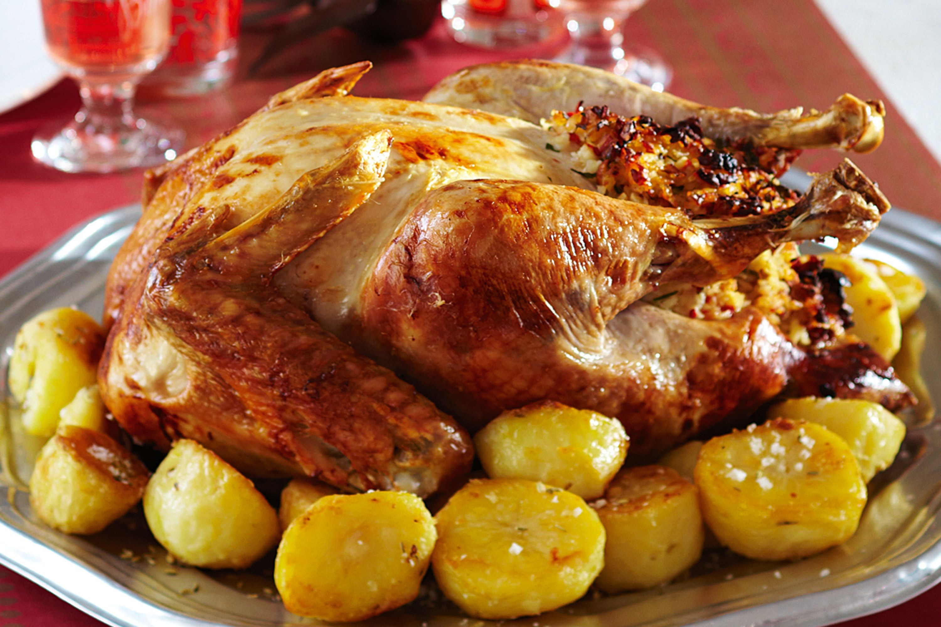 Roast turkey with capsicum, almond and rice stuffing