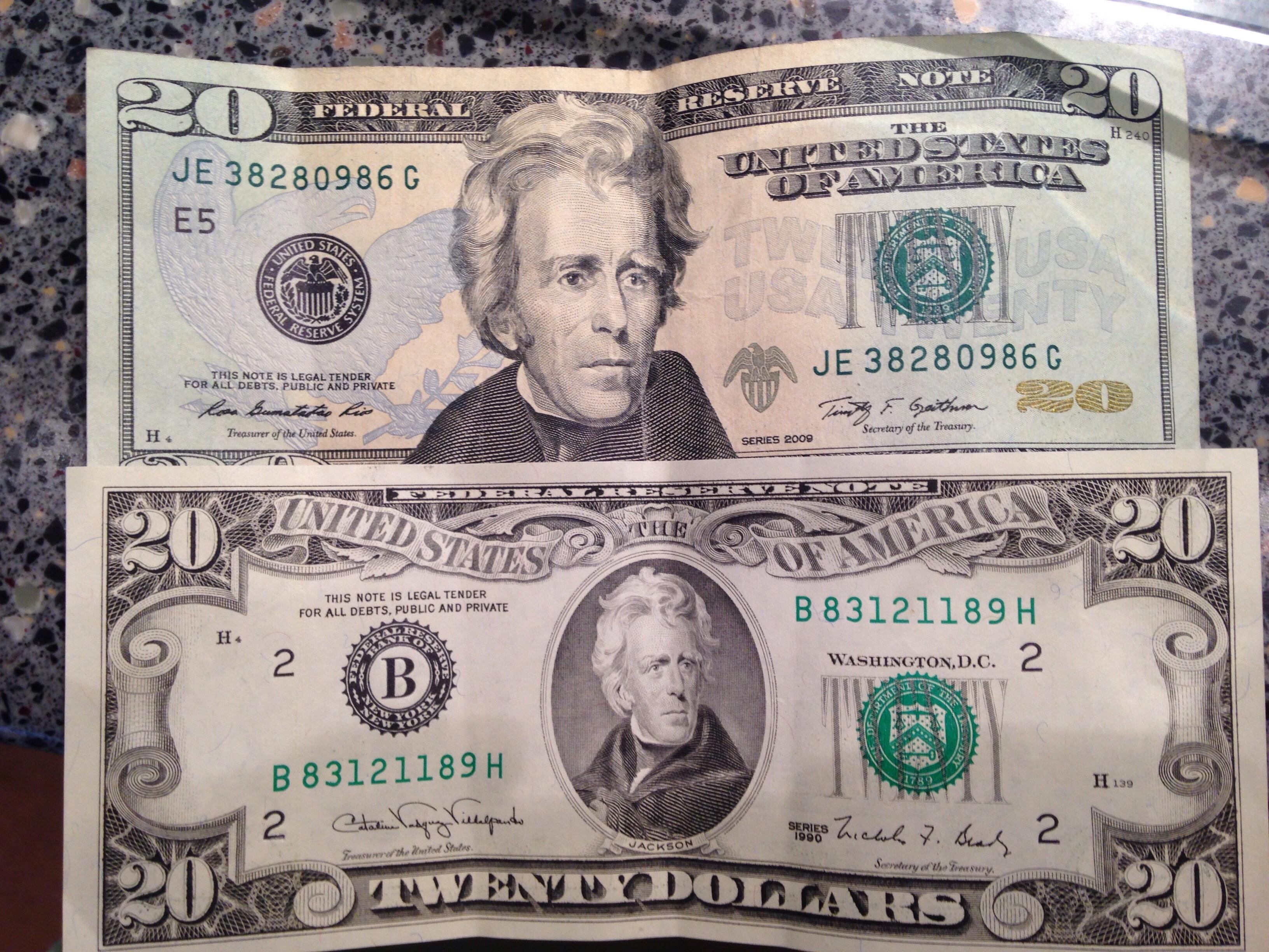 Two Twenty-dollar bills, almost two decades apart. Same value, both ...