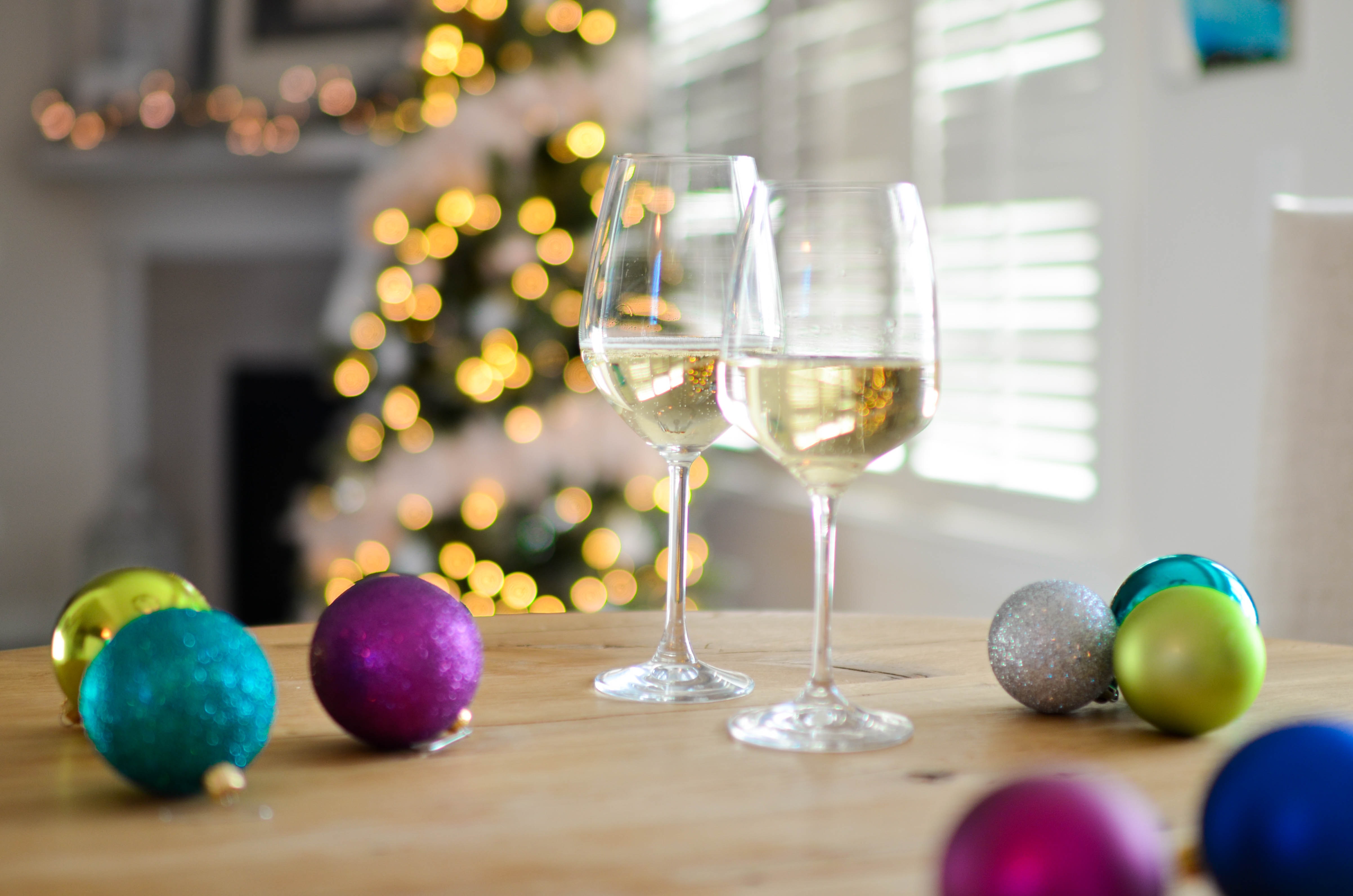 Two Champagne Glasses Near Baubles, Alcohol, Decoration, Wood, Wine glasses, HQ Photo