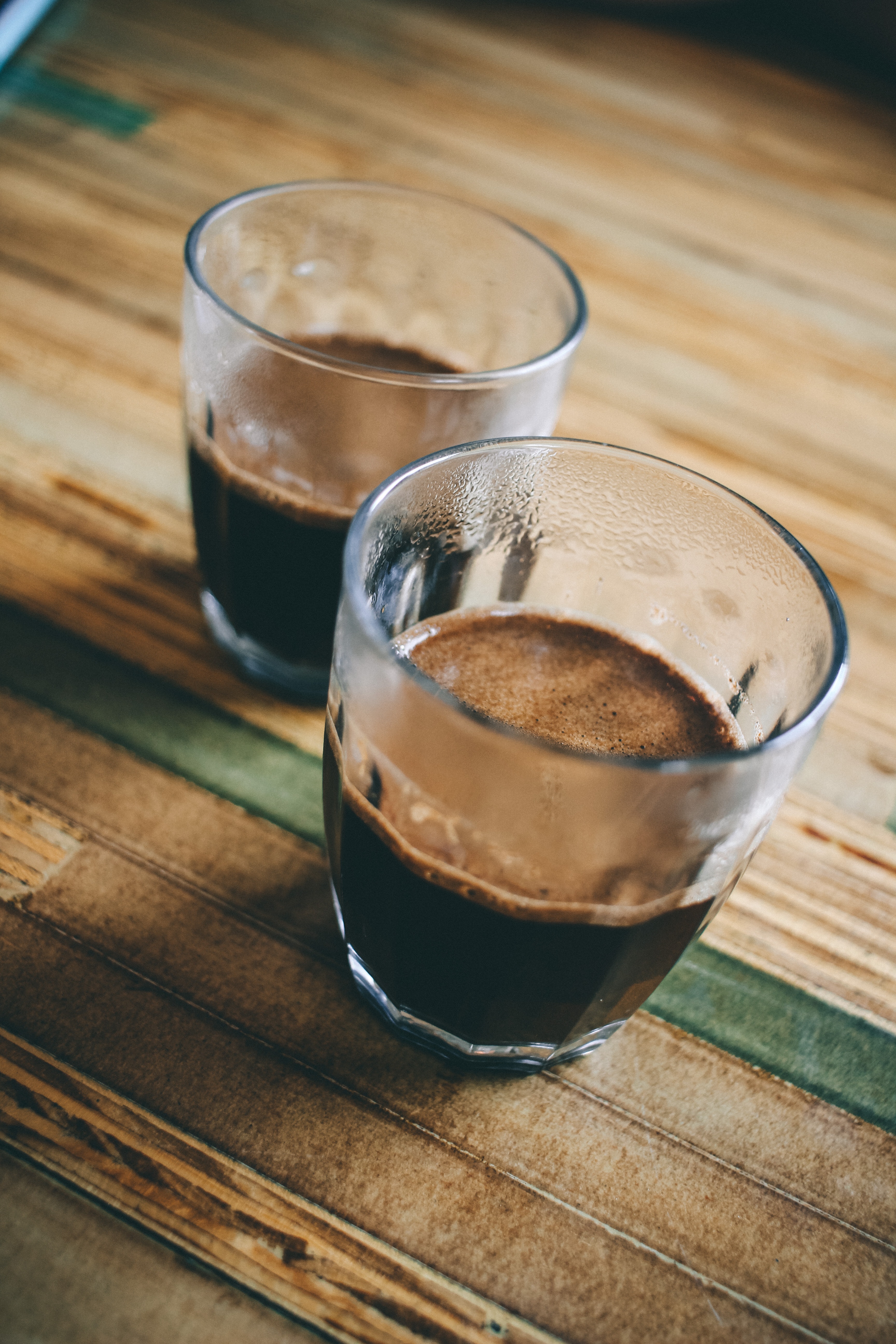 Two Clear Drinking Glasses, Bar, Espresso, Wood, Water, HQ Photo