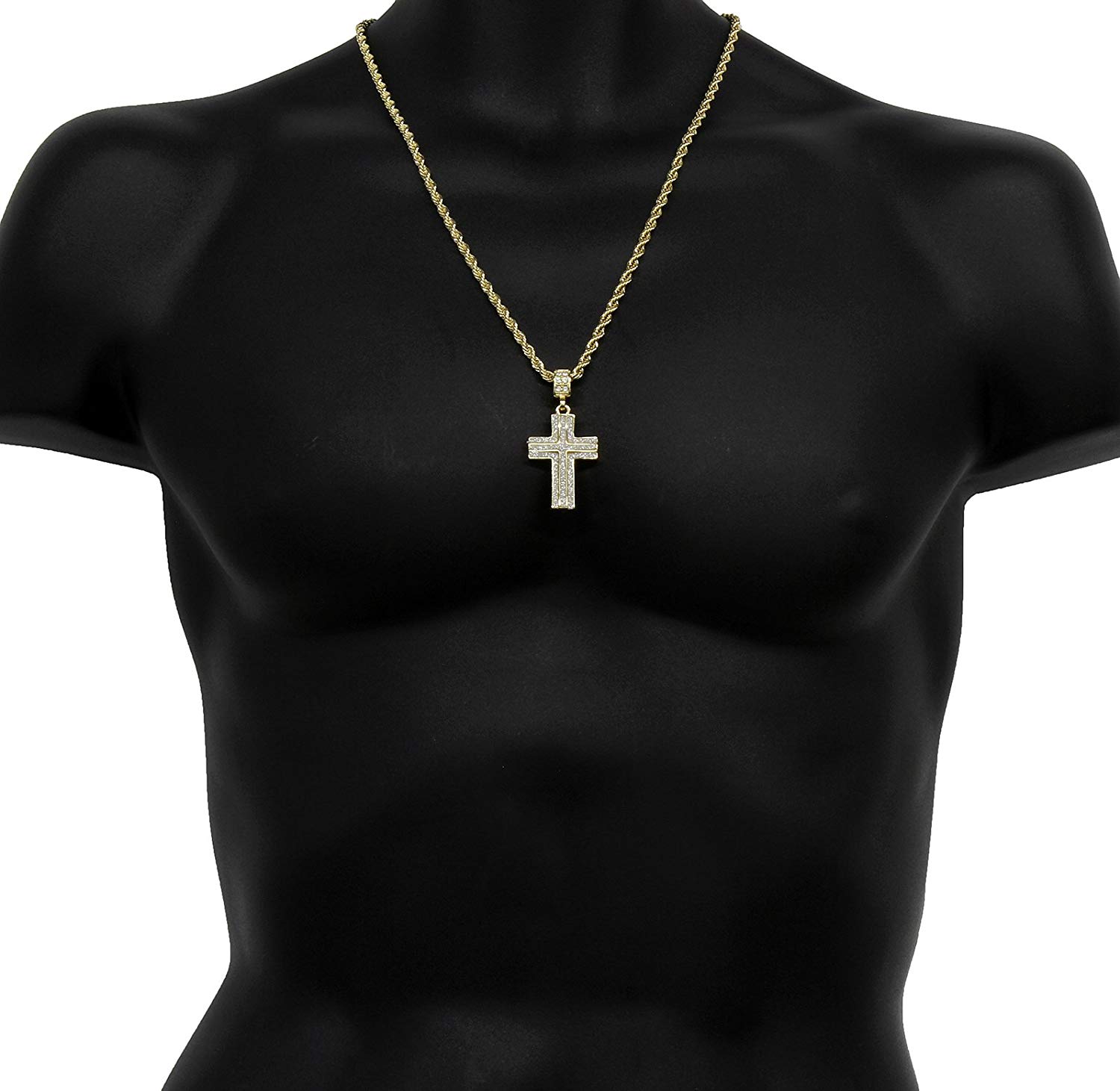 Amazon.com: Mens 14k Gold Plated Stardust Two Cross Thick Pendant ...