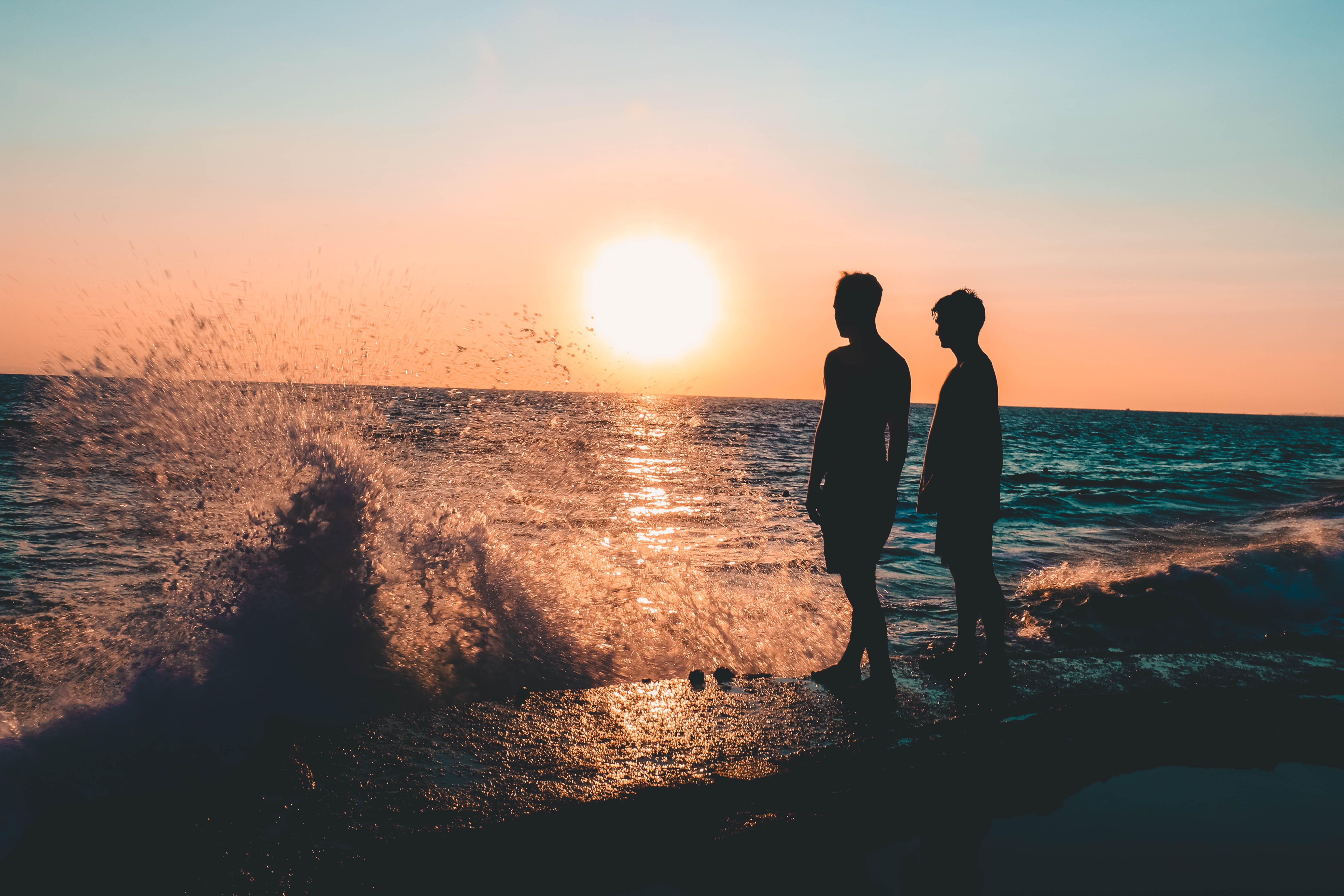 Two Men Standing on Seashore, Backlit, Reflection, Water splash, Water, HQ Photo