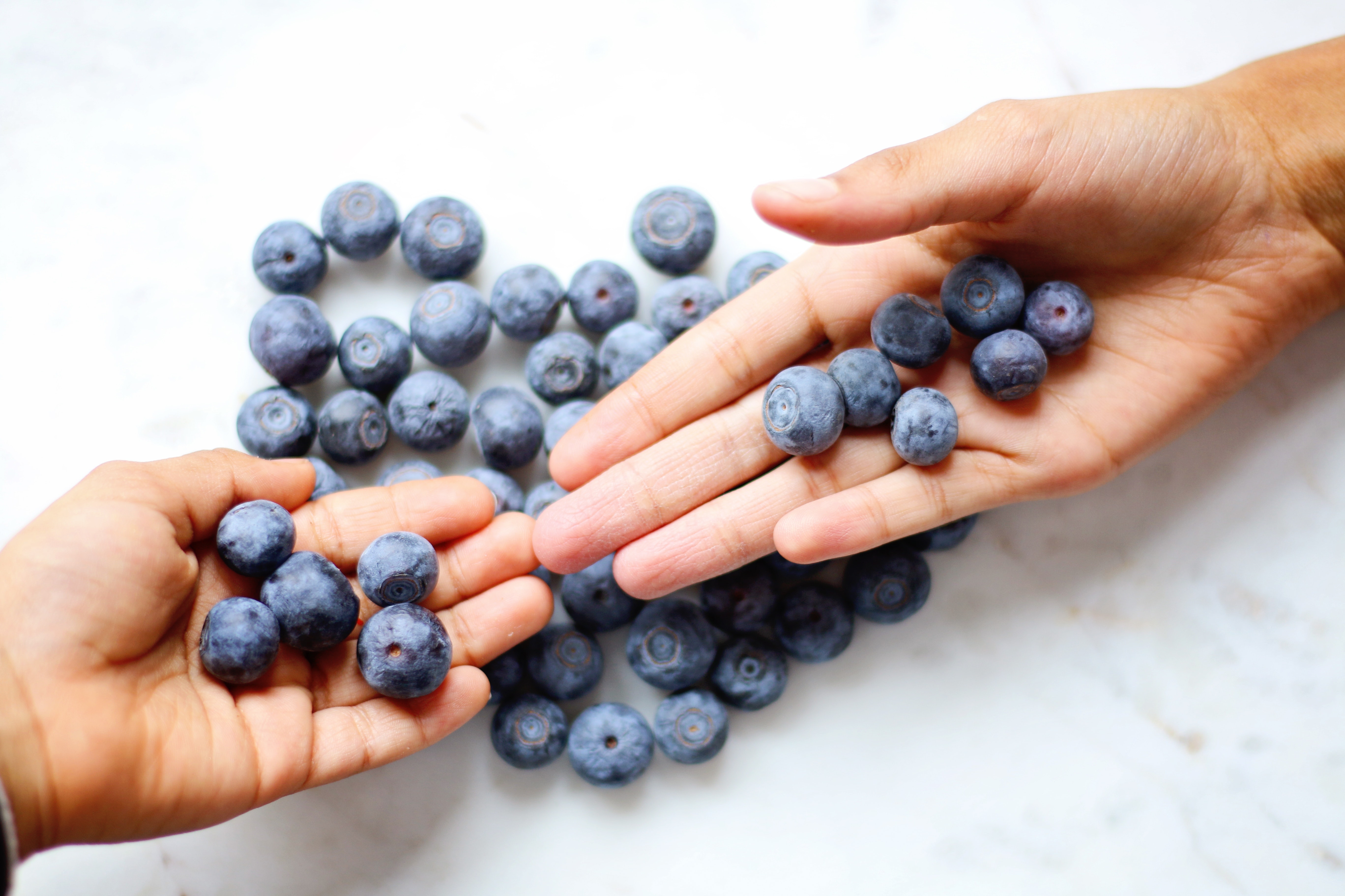 Two person's hand with blueberries on top photo
