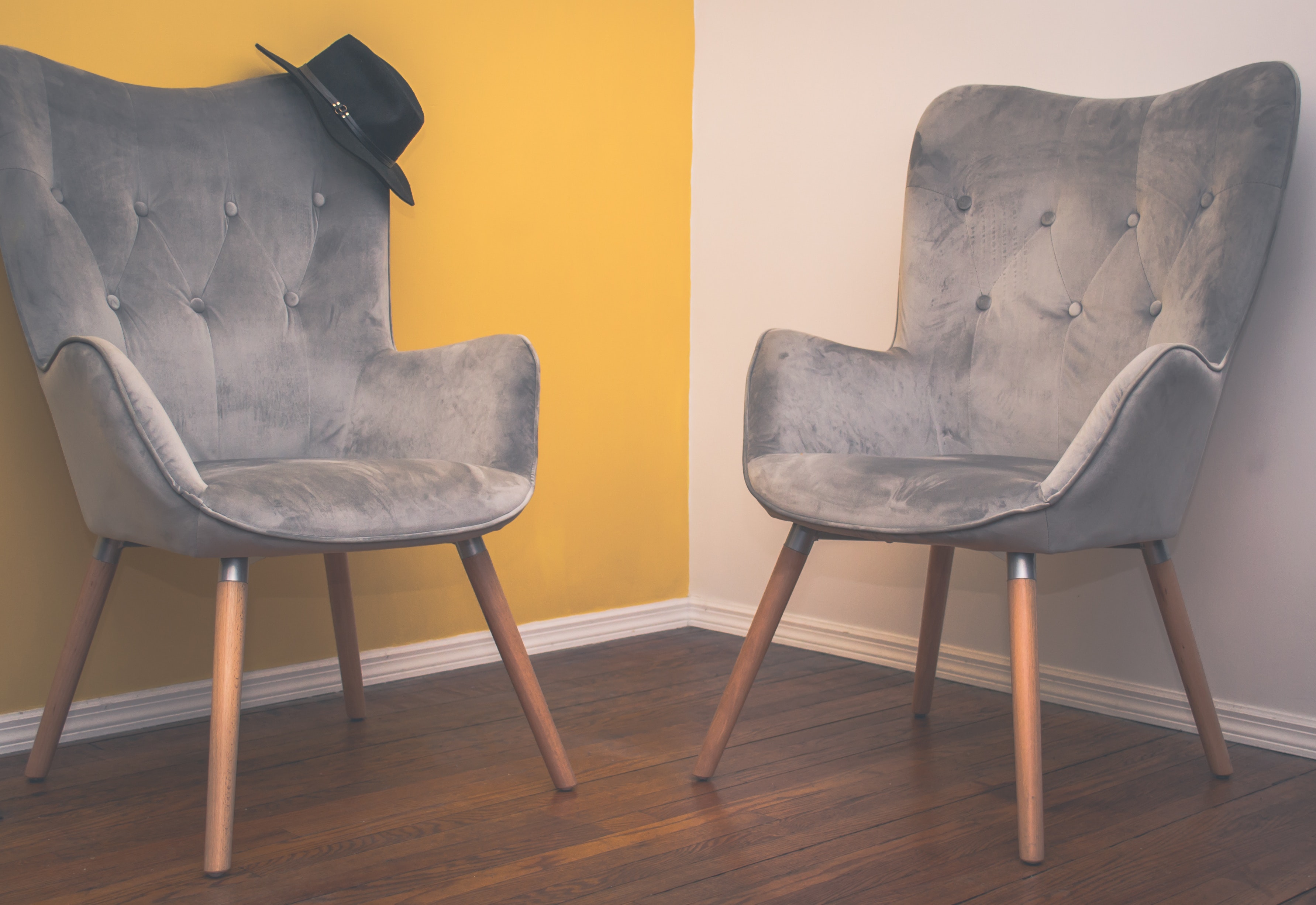 Two Suede Armchairs, Armchair, Minimalist, Wood, Velvety, HQ Photo