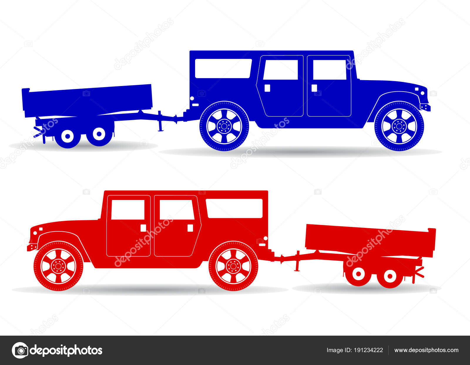 Silhouette of two trucks (red and blue), retro car with trailer ...
