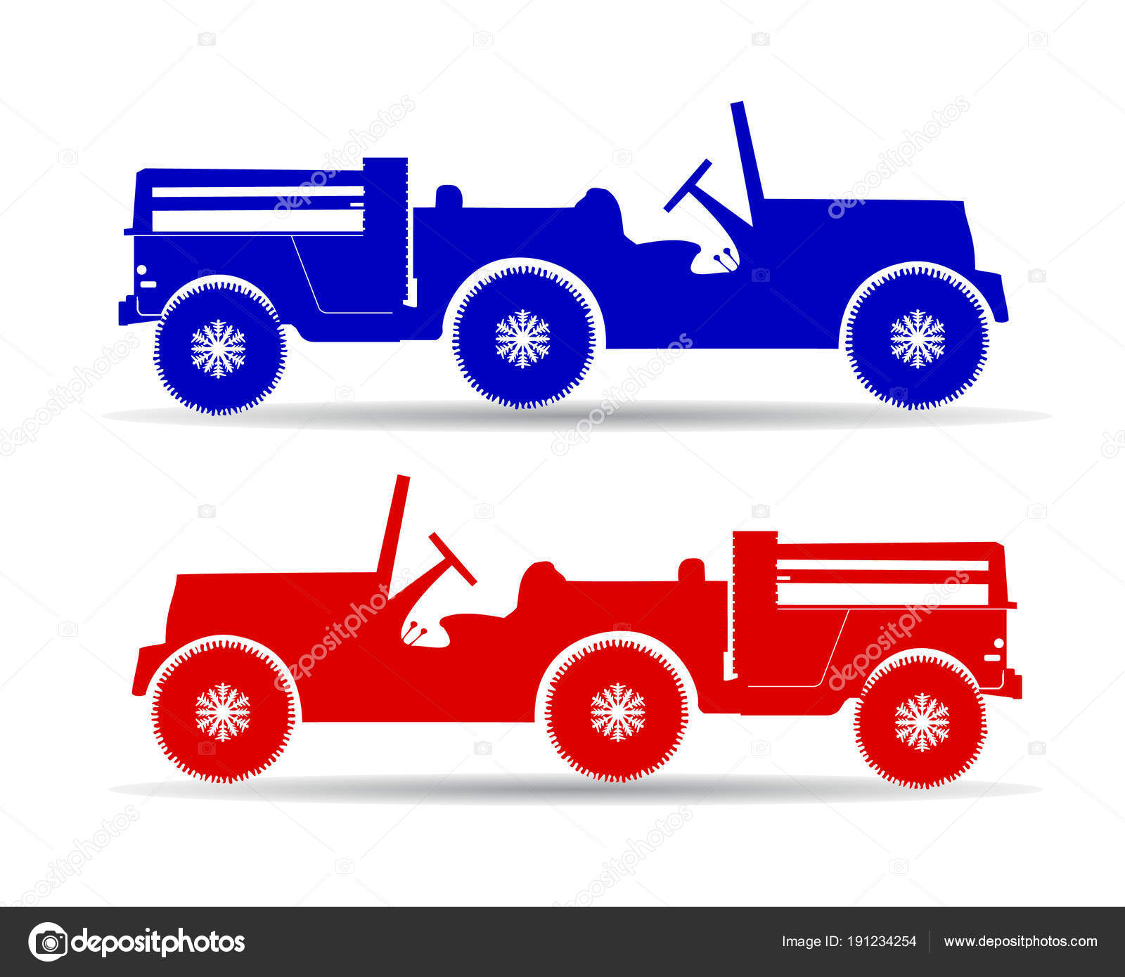 Silhouette of two trucks (red and blue), retro car with trailer ...
