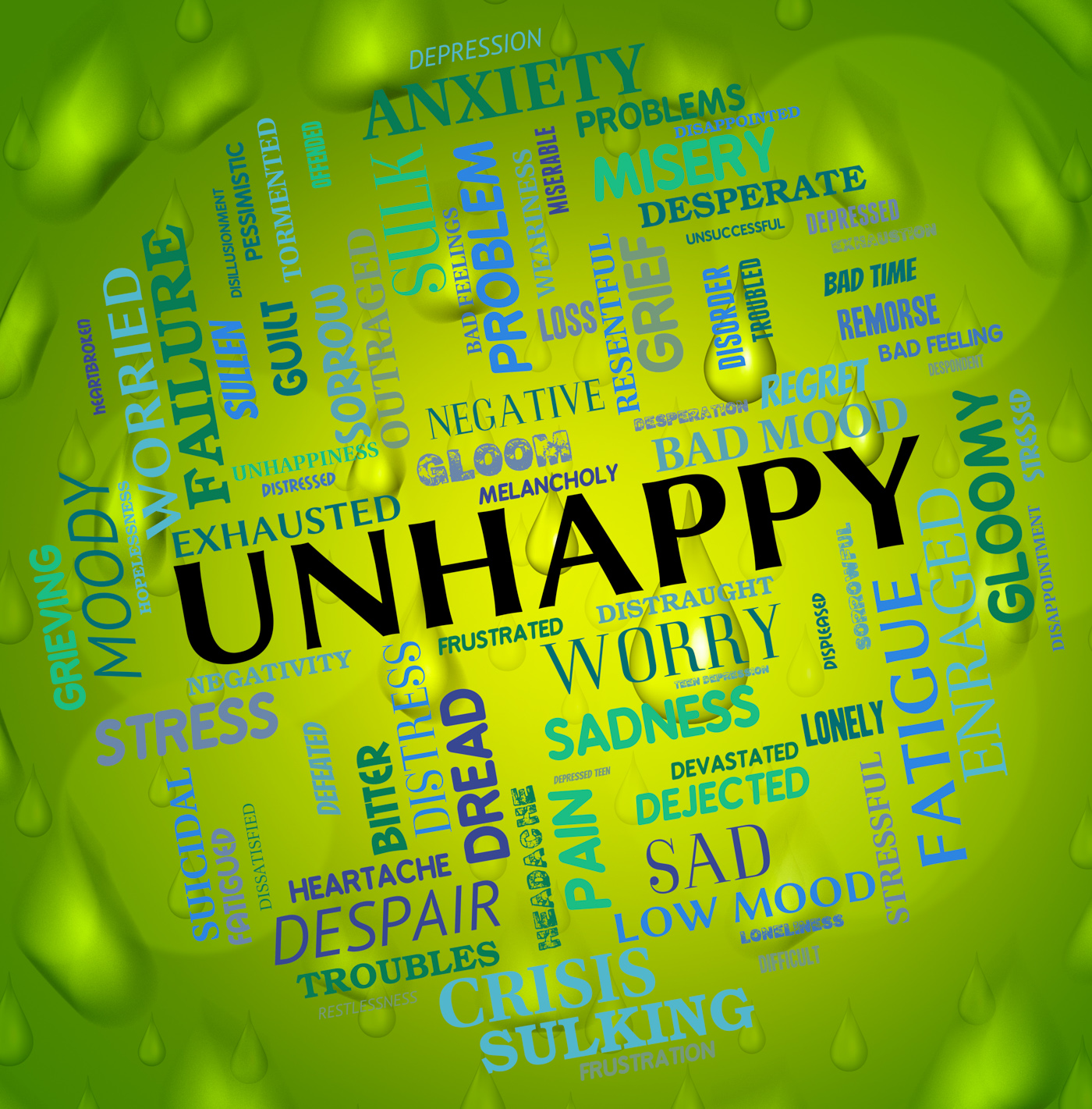 Unhappy word shows grief stricken and depressed photo