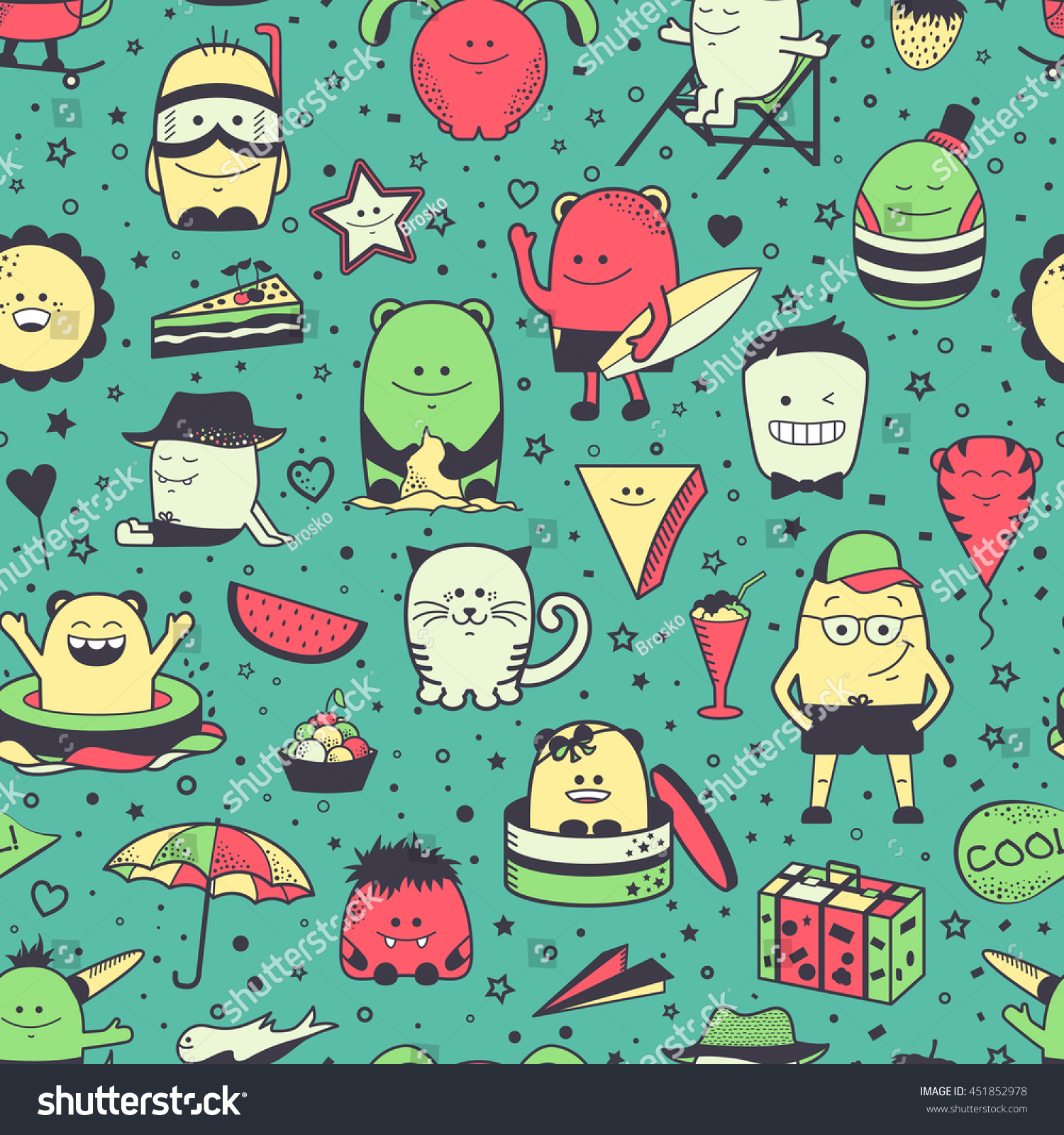 Vector Summer Seamless Pattern Funny Monsters Stock Vector 451852978 ...