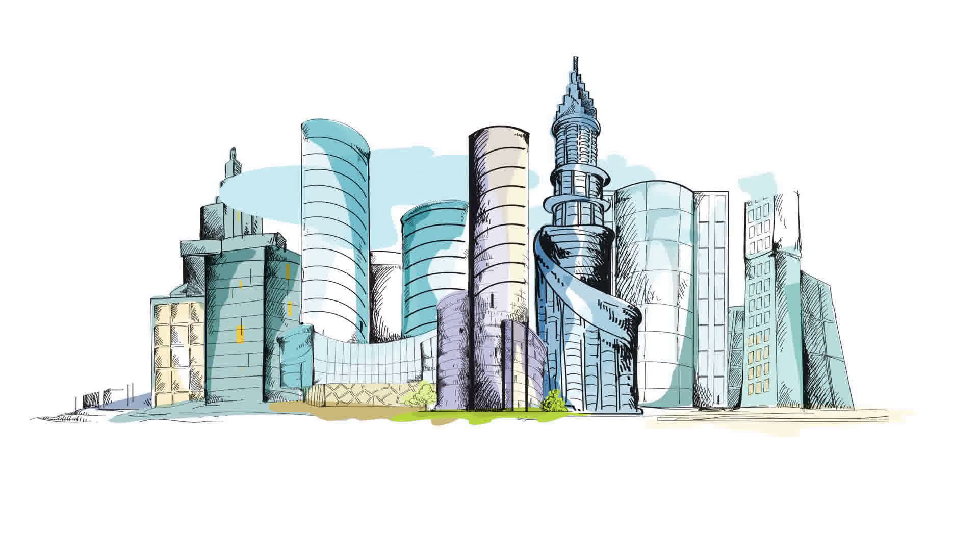 Modern urban colored doodle sketch city center with skyscraper ...