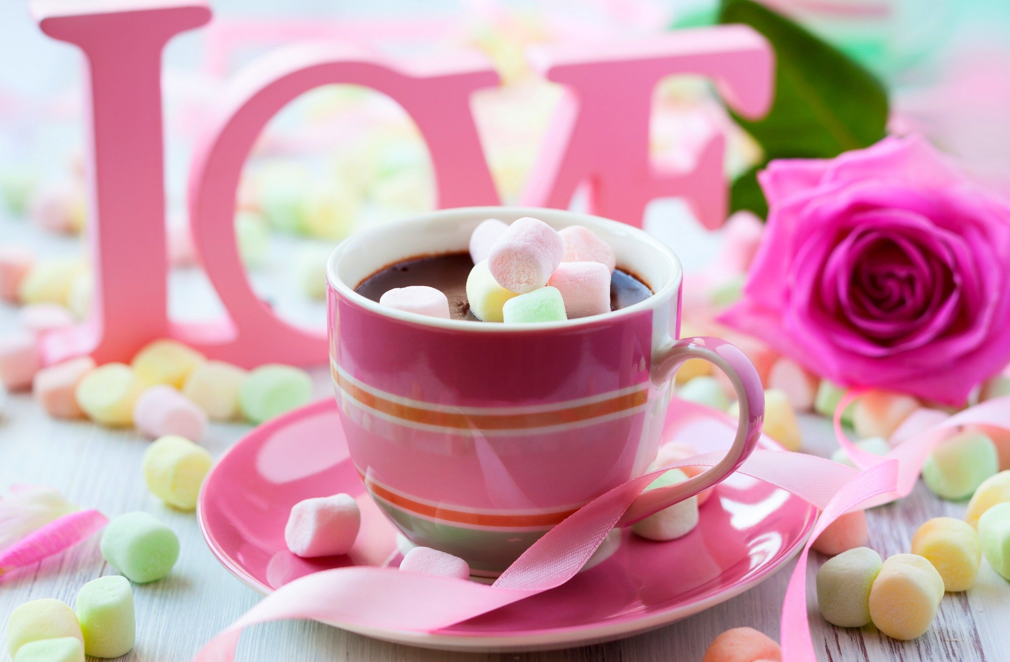 Скачать обои hot chocolate, drink, pink, Valentines Day, flower ...